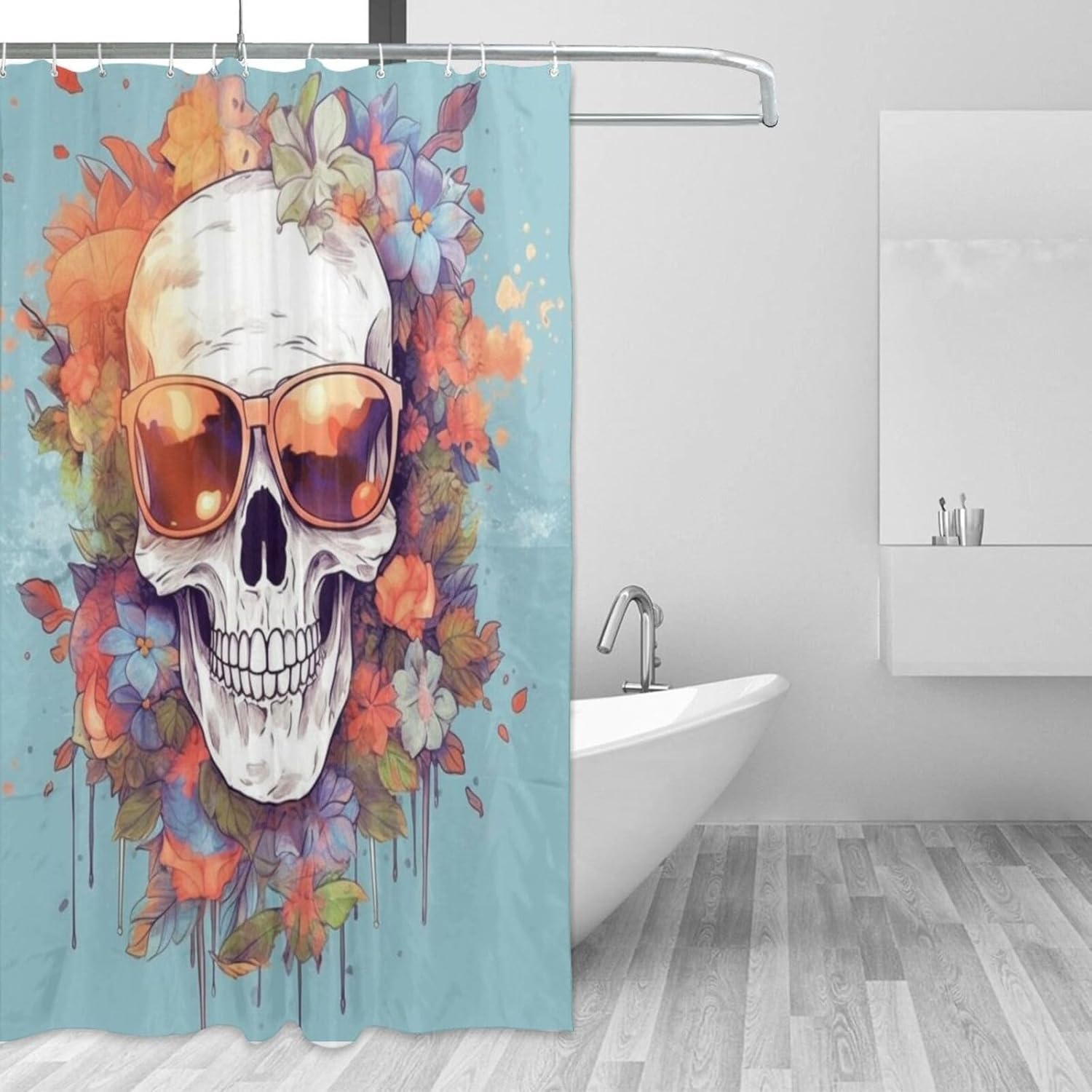 Boho Blue Flower Shower Curtain Set with 12 Hooks