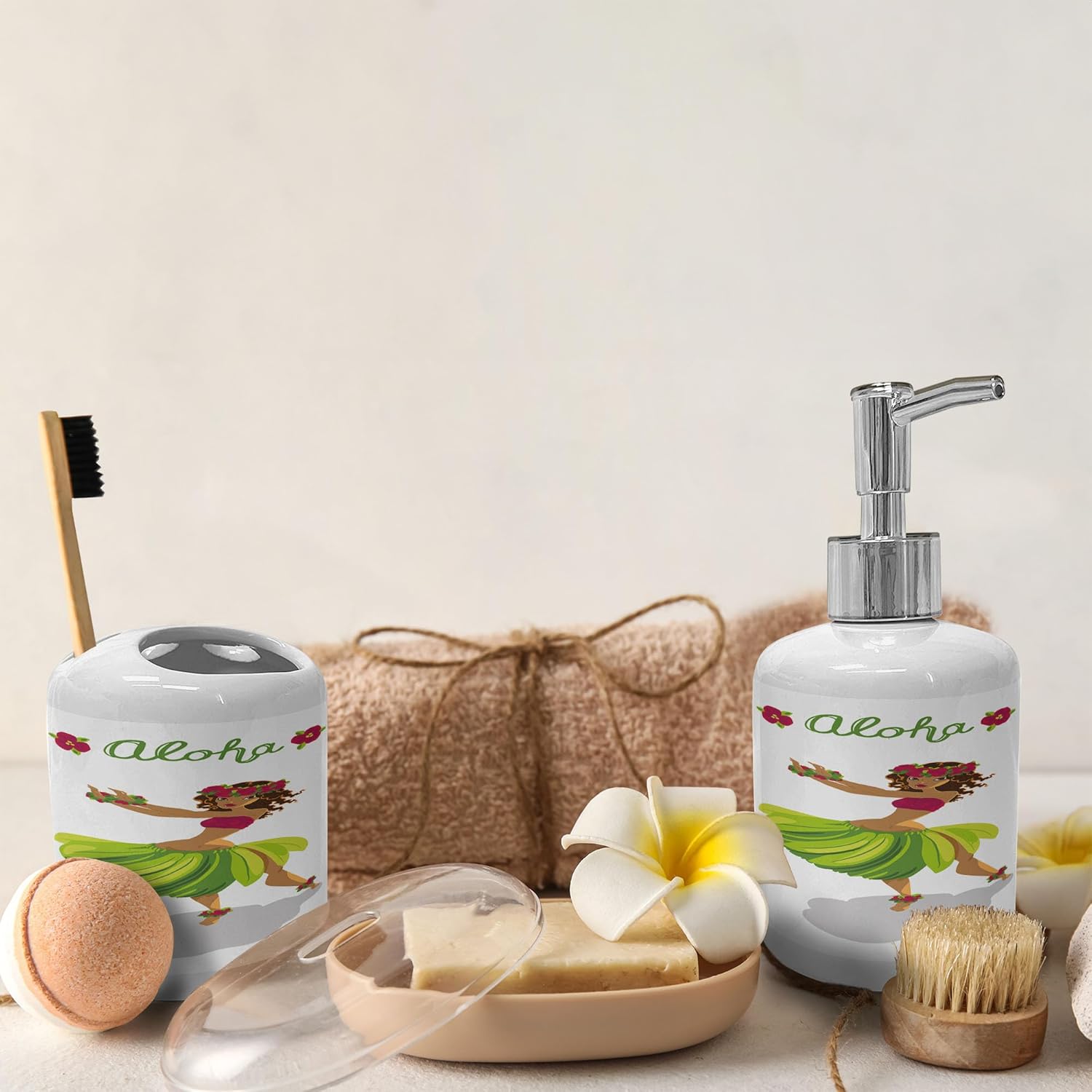 Ambesonne Luau Soap Dispenser Toothbrush Holder Set