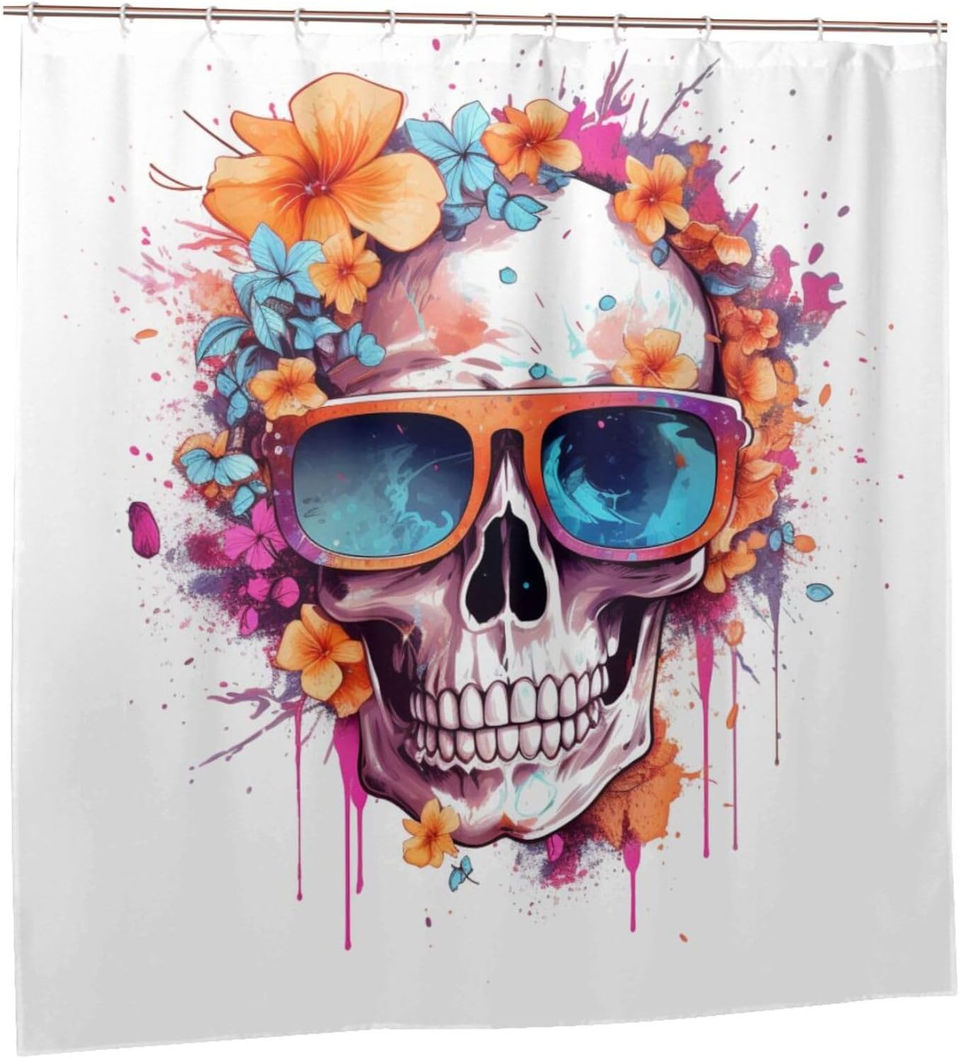 Boho Blue Flower Skull Shower Curtain Set with 12 Hooks 1