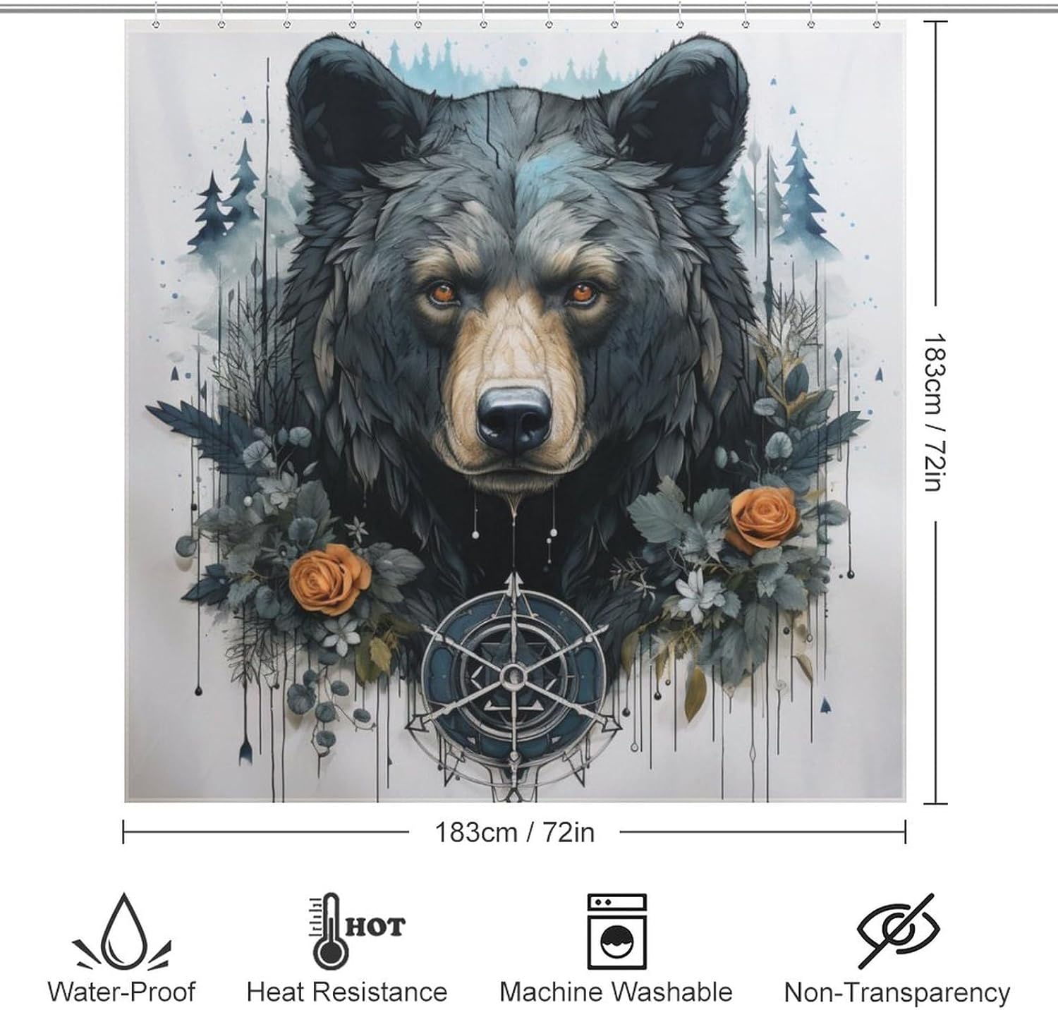 Black Bear Shower Curtain Set with 12 Hooks 72x72in YLATY7780