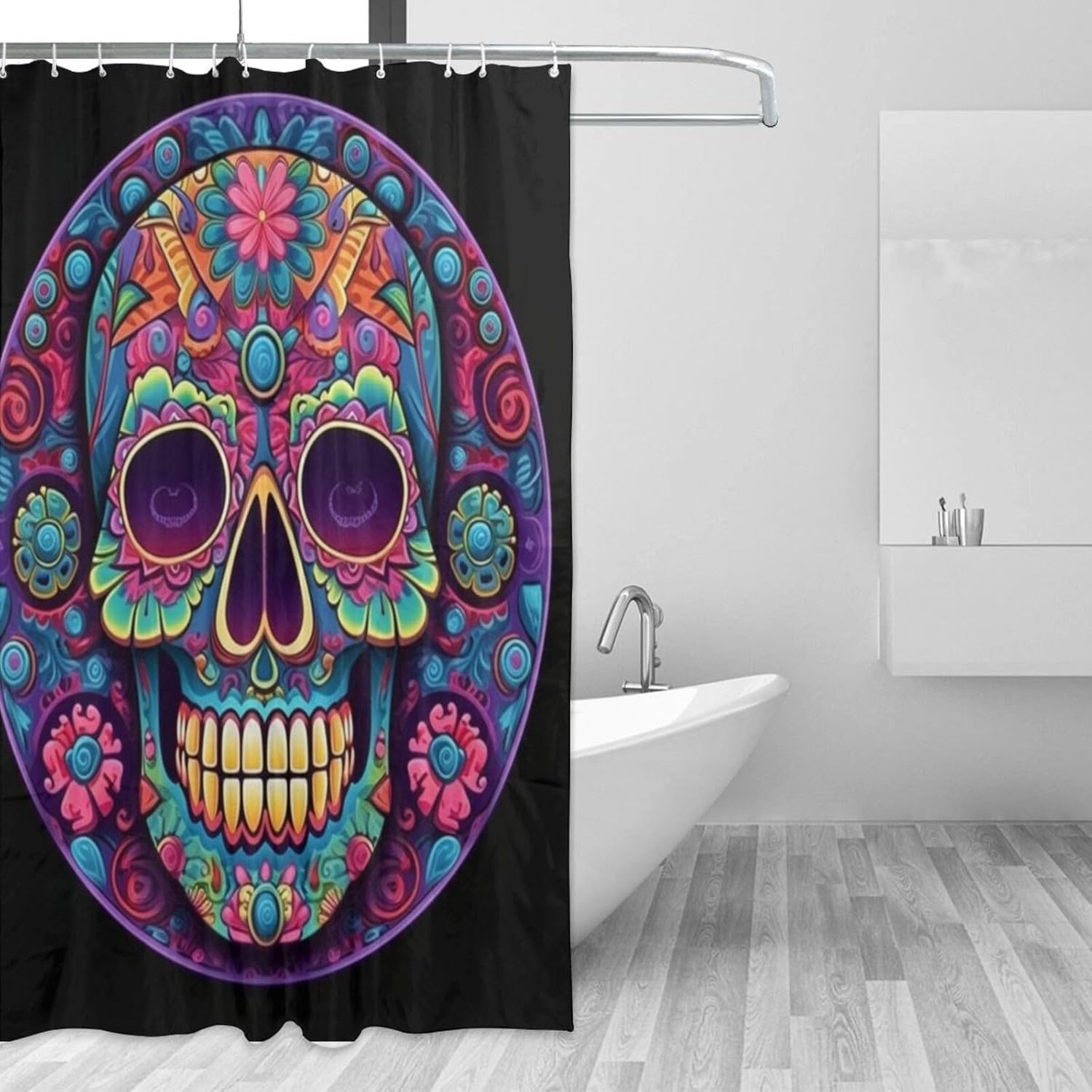 Red Blue Skull Shower Curtain Set with 12 Hooks 72x72in