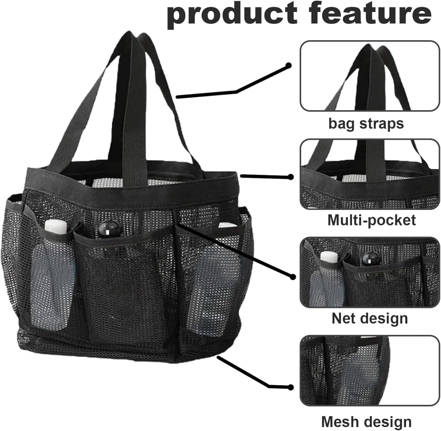 Hperu Mesh Portable Shower Bag with 8 Pockets Black