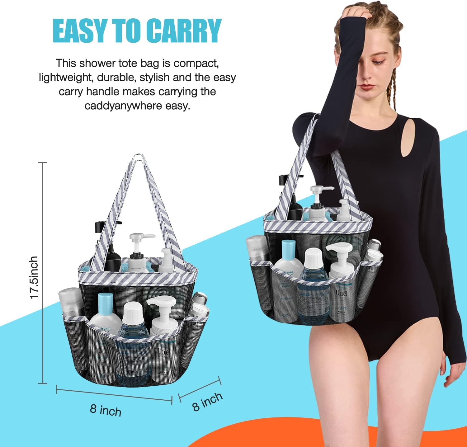 Ndeno Mesh Shower Caddy 8 Pockets Gray Strips