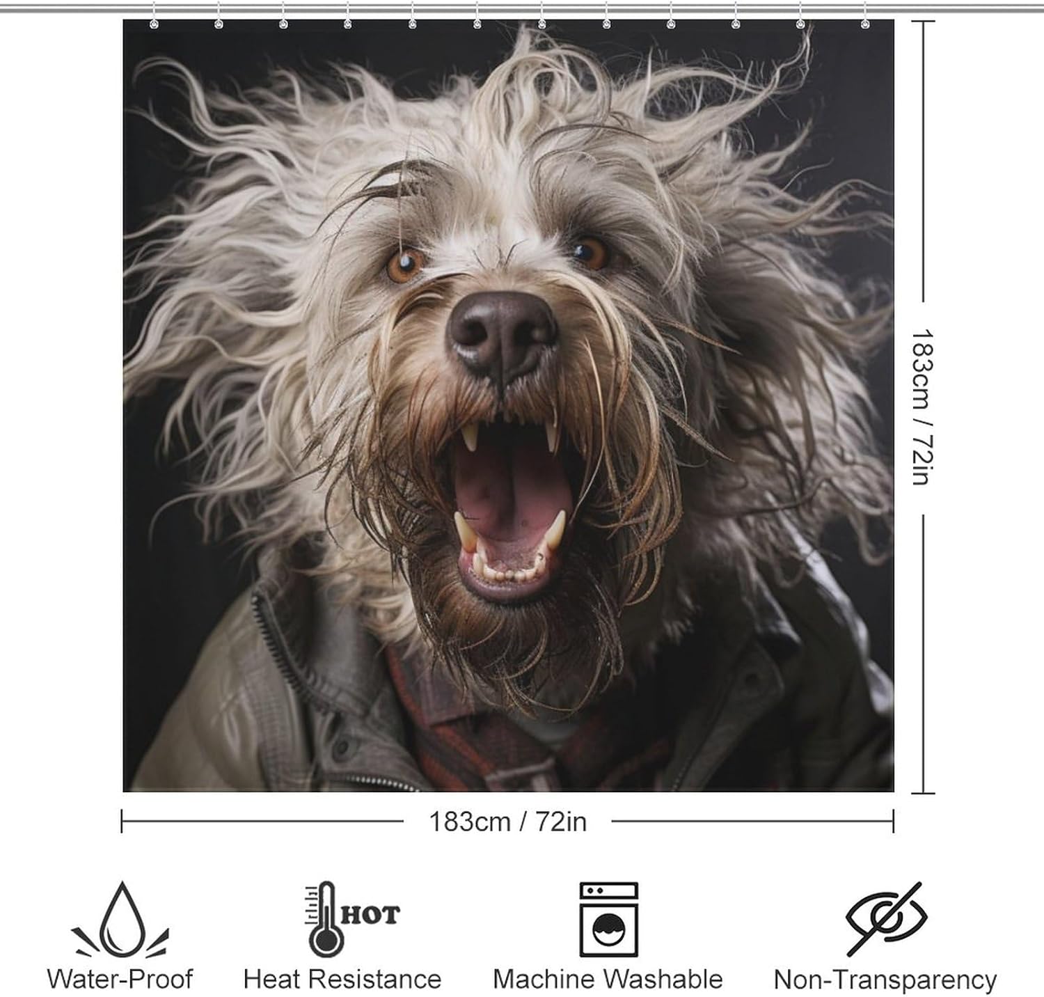 Black Dog Shower Curtain with 12 Hooks 72x72in