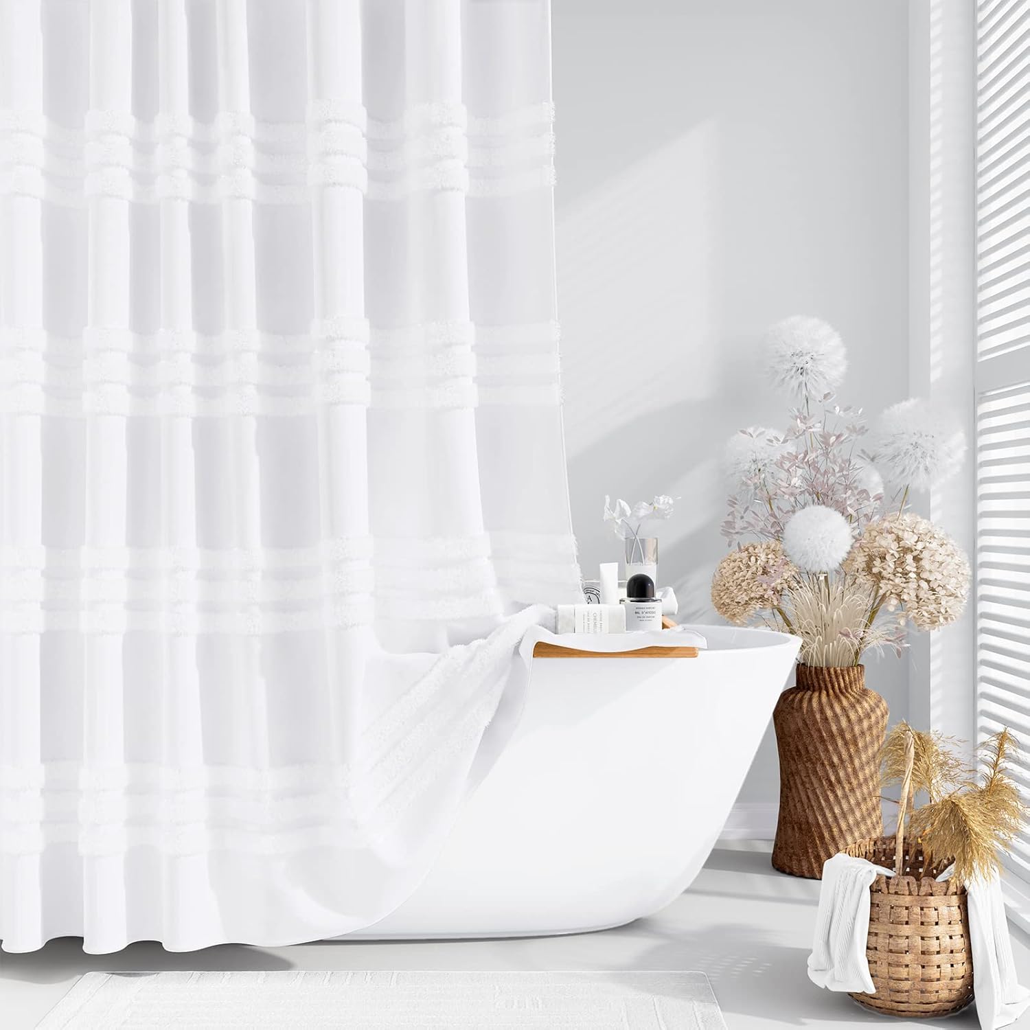 Dynamene White Tufted Chenille Striped Shower Curtain Set