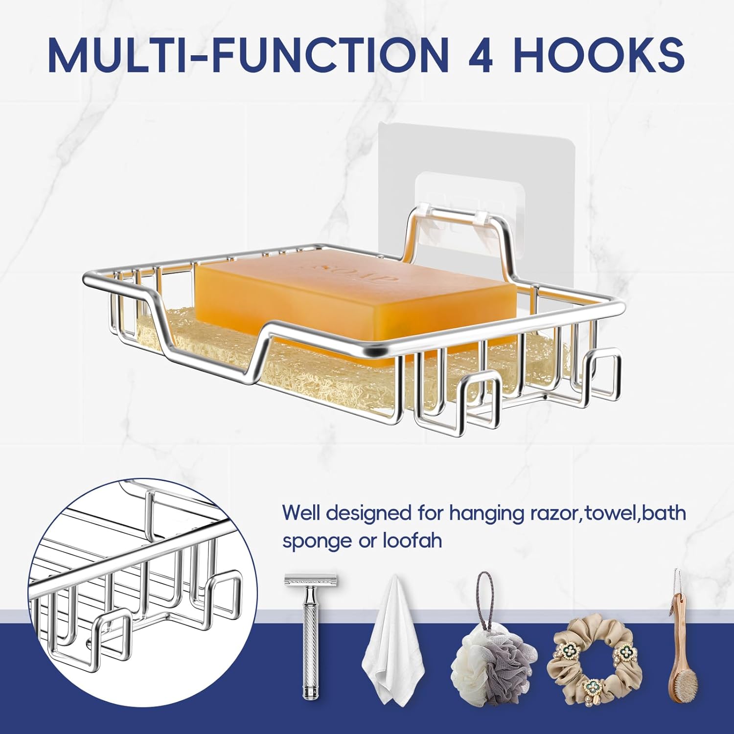 Stainless Steel Soap Dish 2 Pack with 4 Hooks