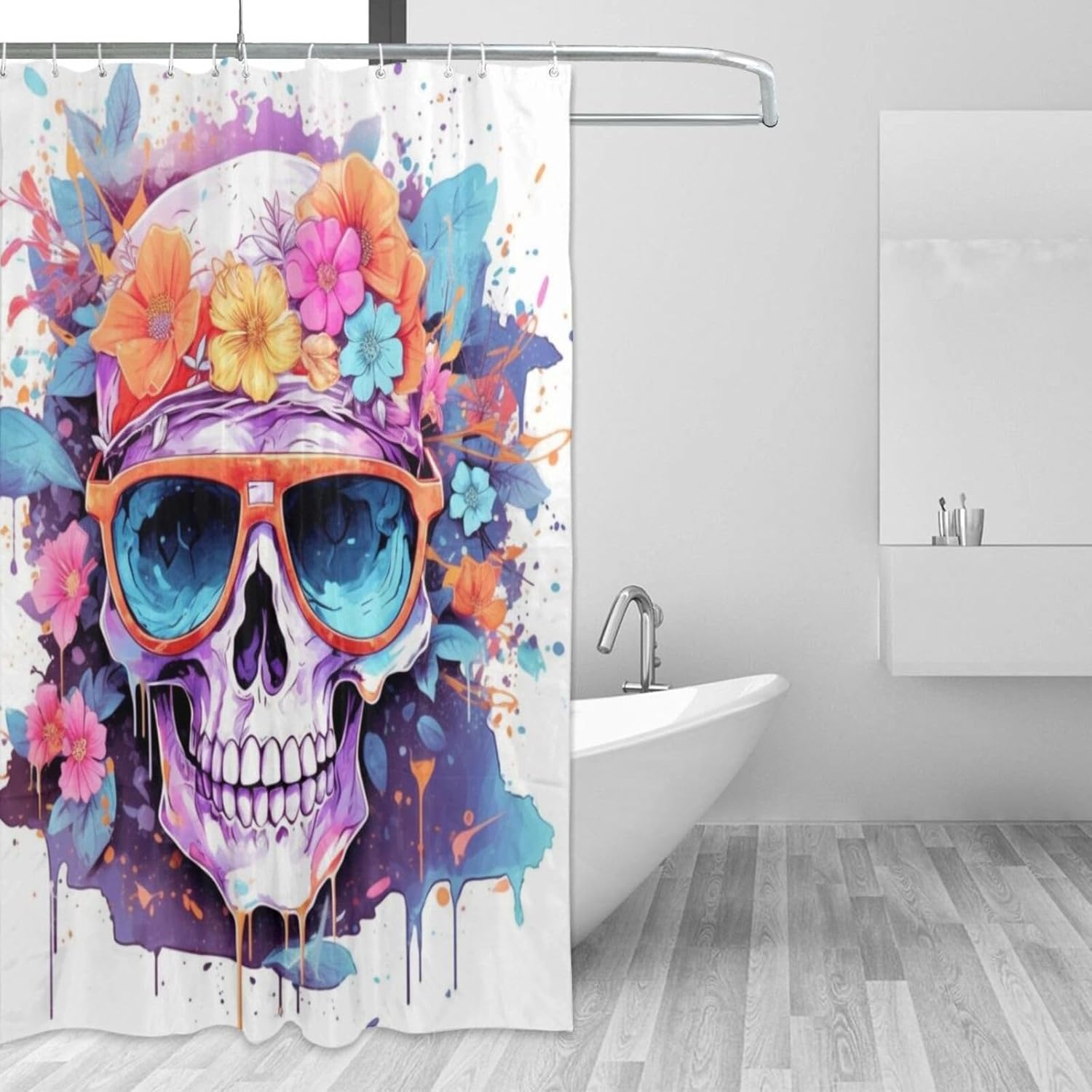 Boho Blue Flower Shower Curtain Set with 12 Hooks 72x72in 1