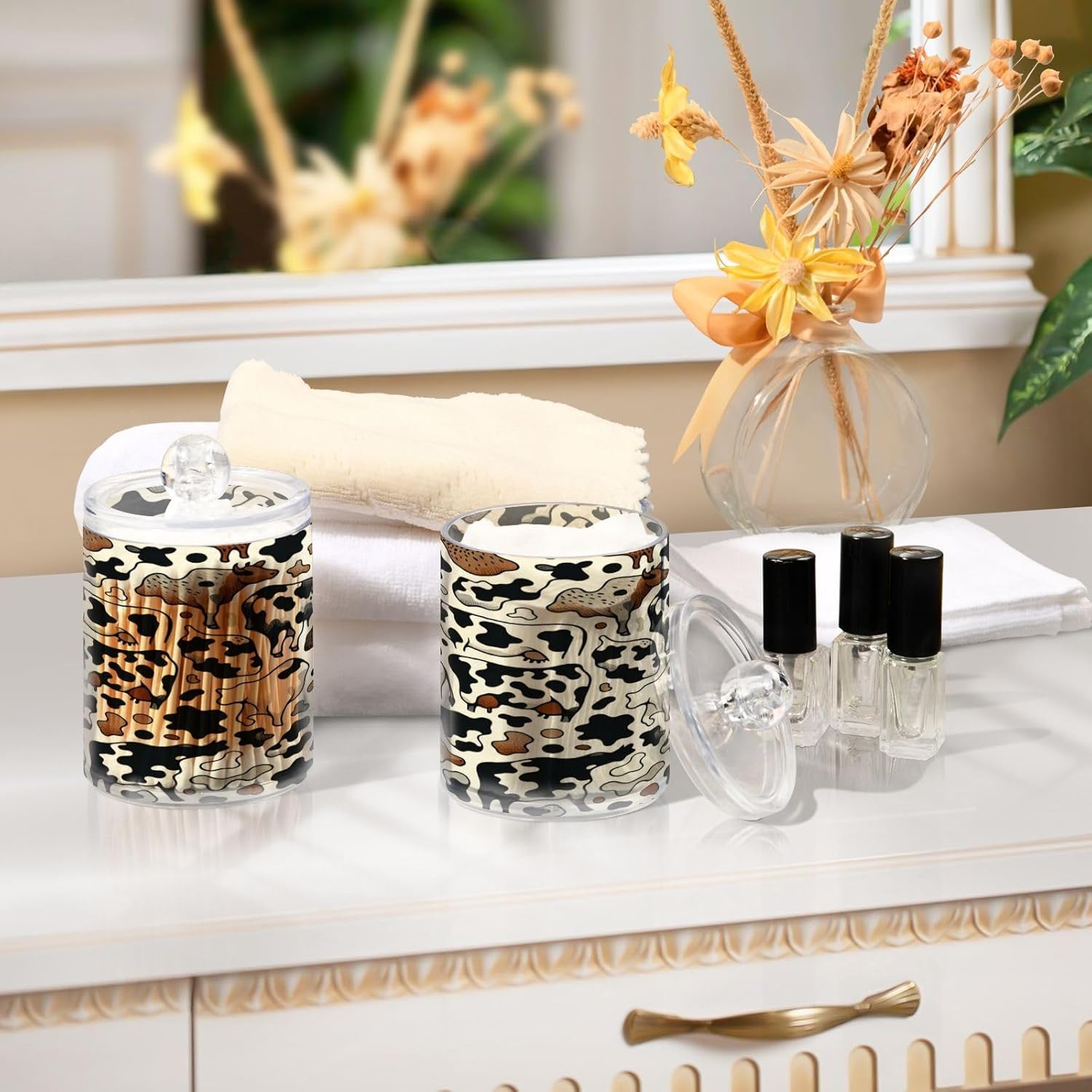 Qilmy Cow Pattern Q-Tip Holder 2 Pack Clear Plastic Apothecary Jars
