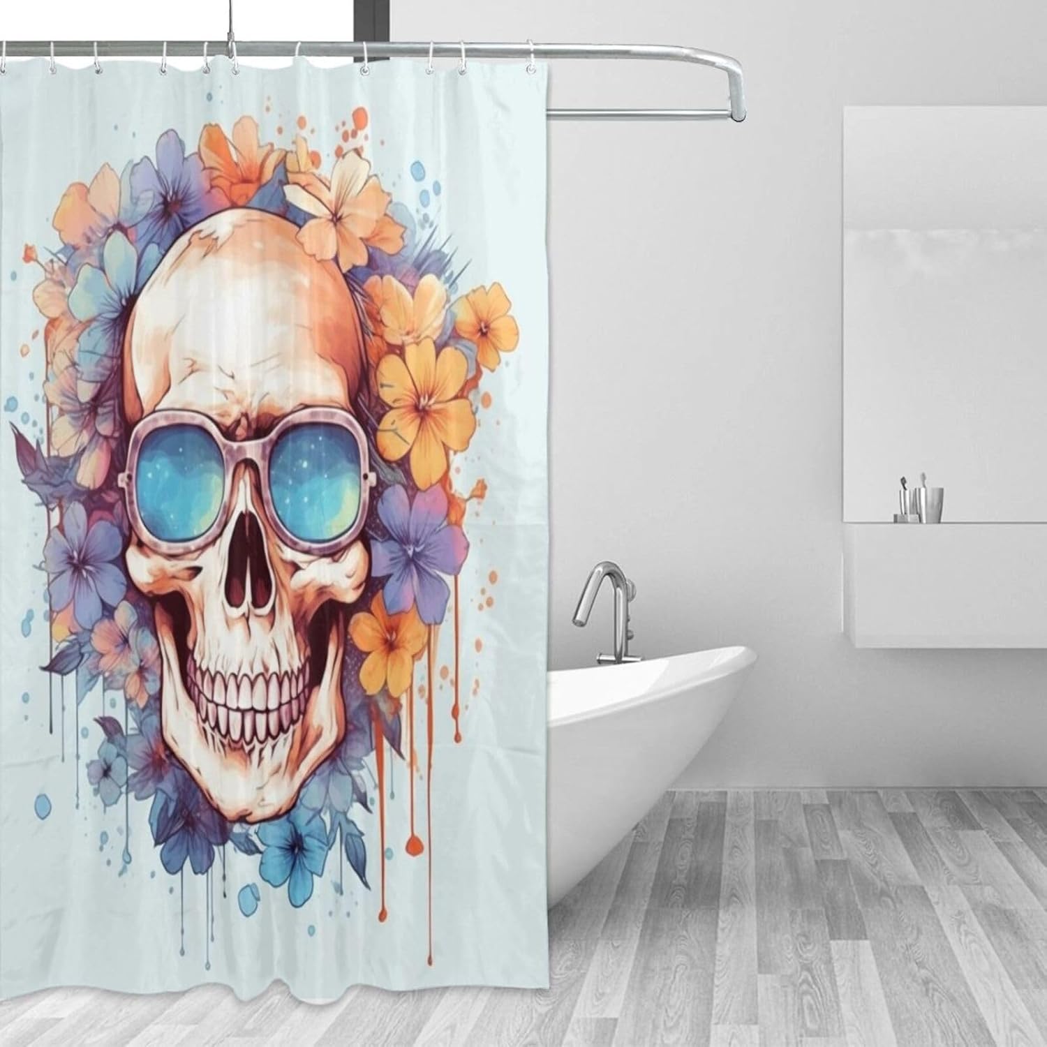 TIYAANDSY Boho Blue Flower Shower Curtain Set with 12 Hooks