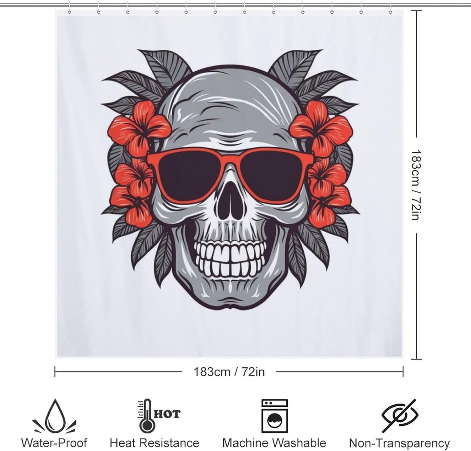 Red Skull Shower Curtain with 12 Hooks 72x72in