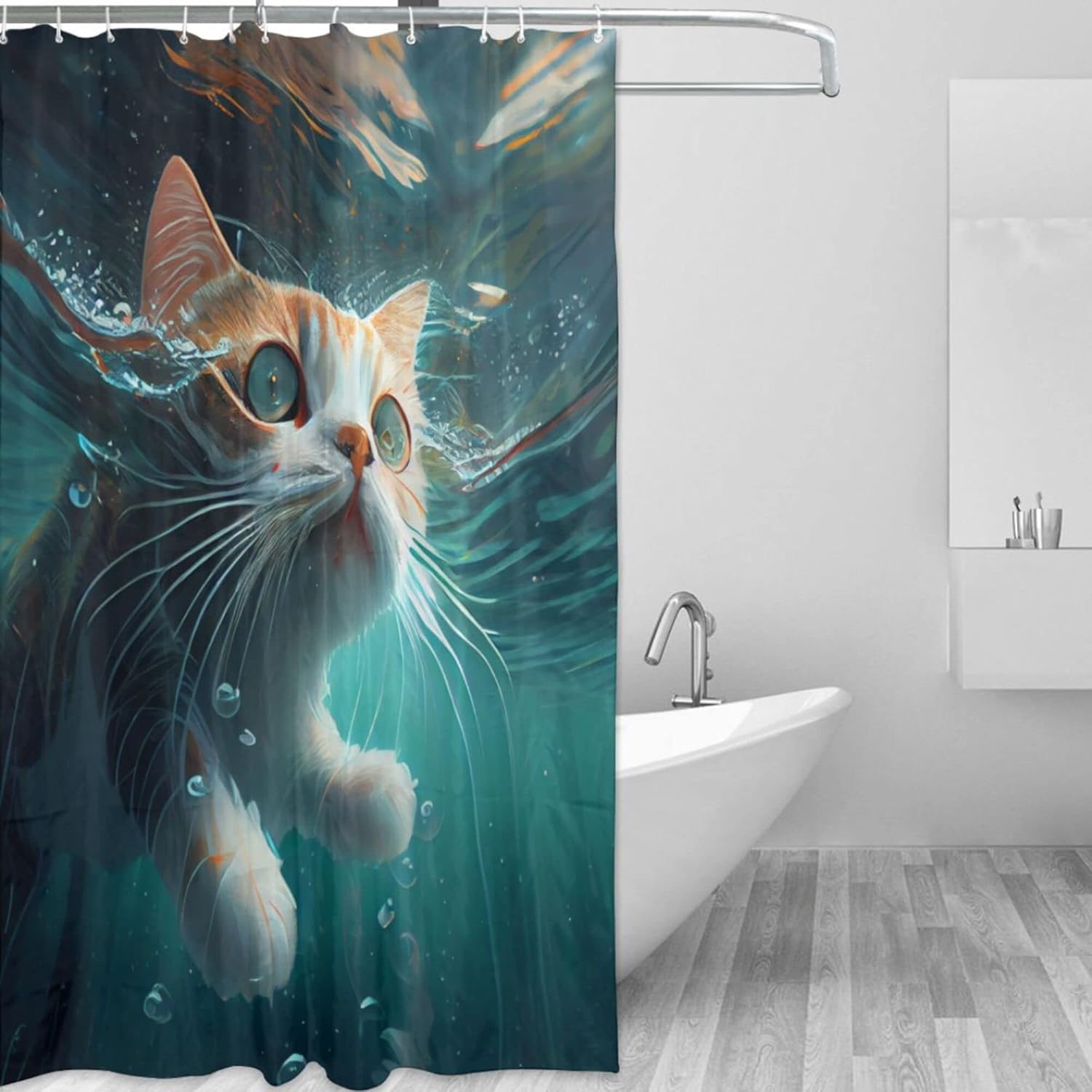 TIYAANDSY Underwater Cat Shower Curtain Set 72x72in with 12 Hooks