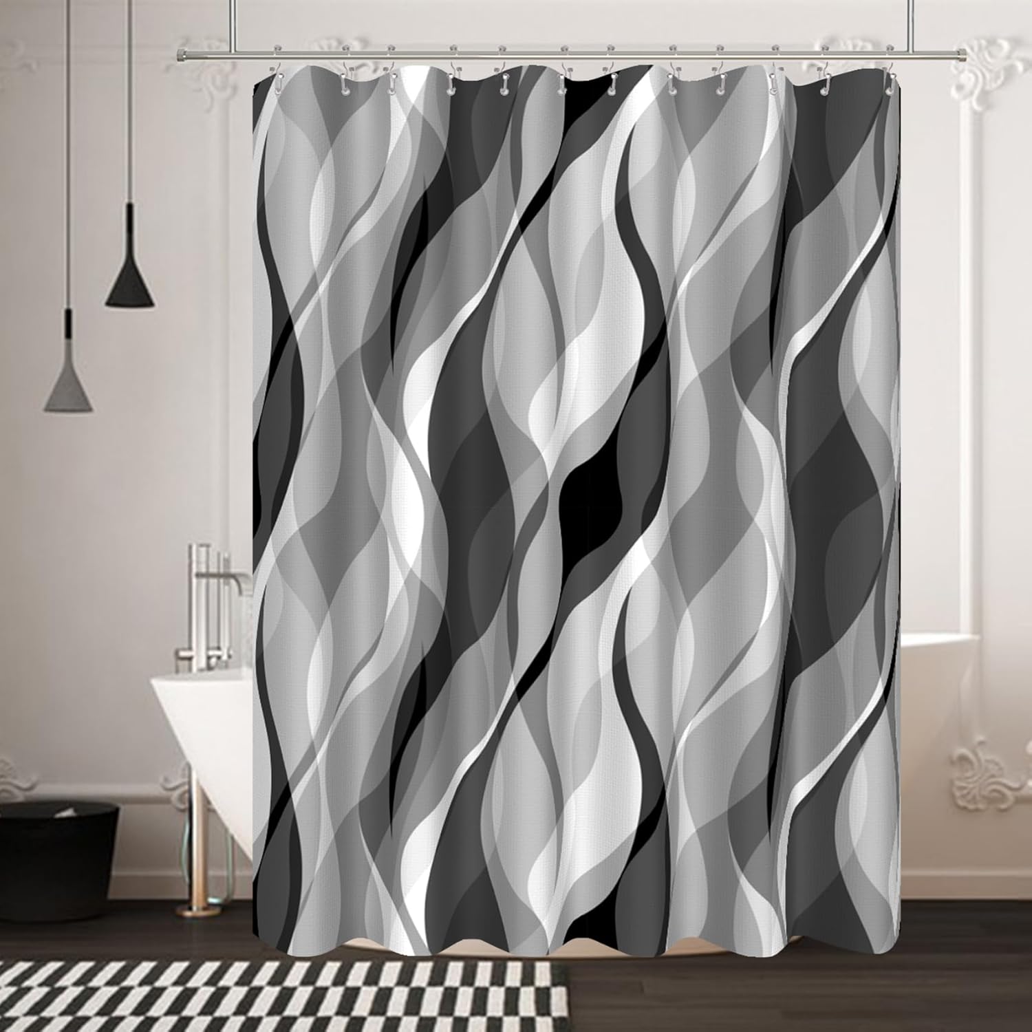 Grey Black Modern 3 in 1 Shower Curtain Set