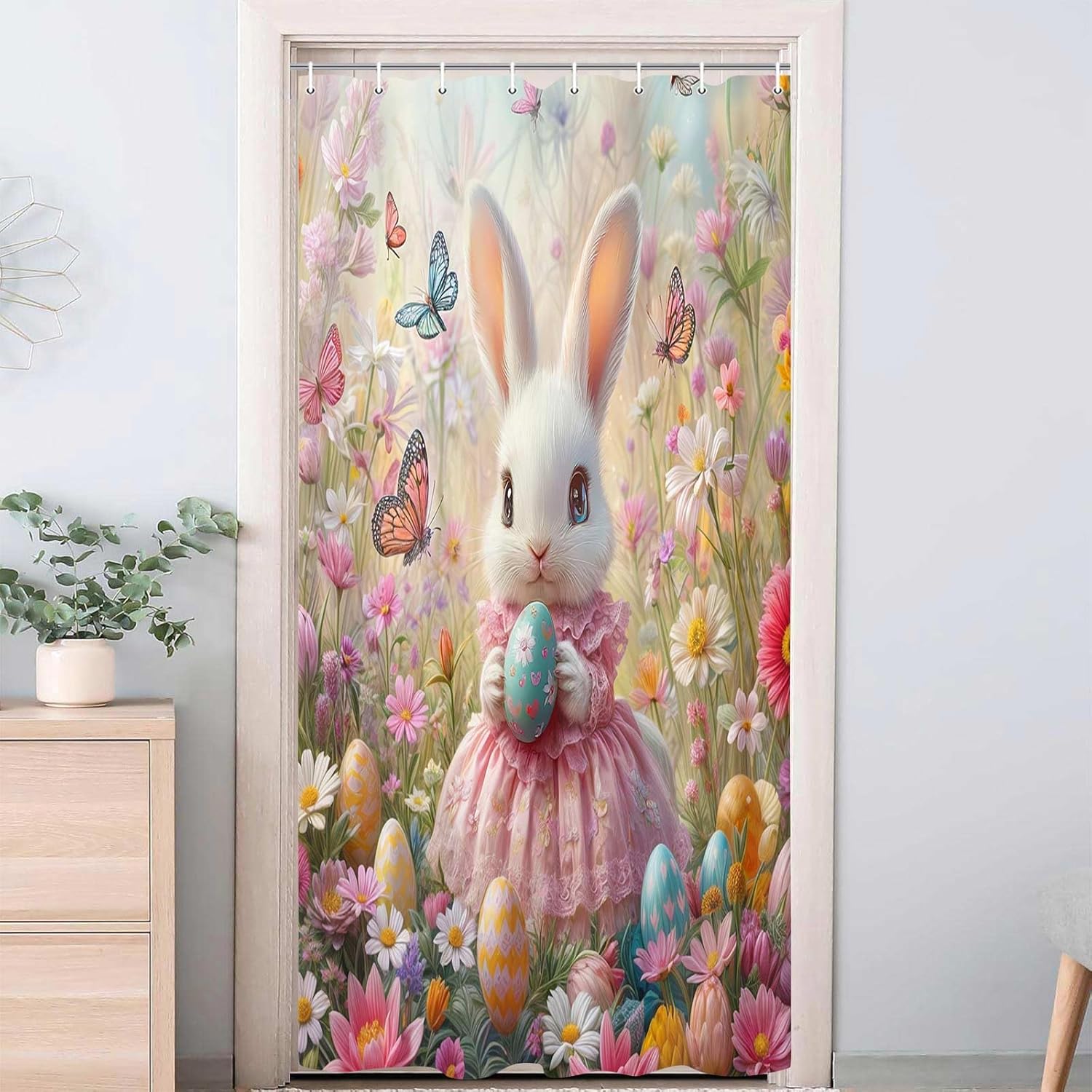 JAWO Pink Rabbit Easter Shower Curtain Set with Hooks