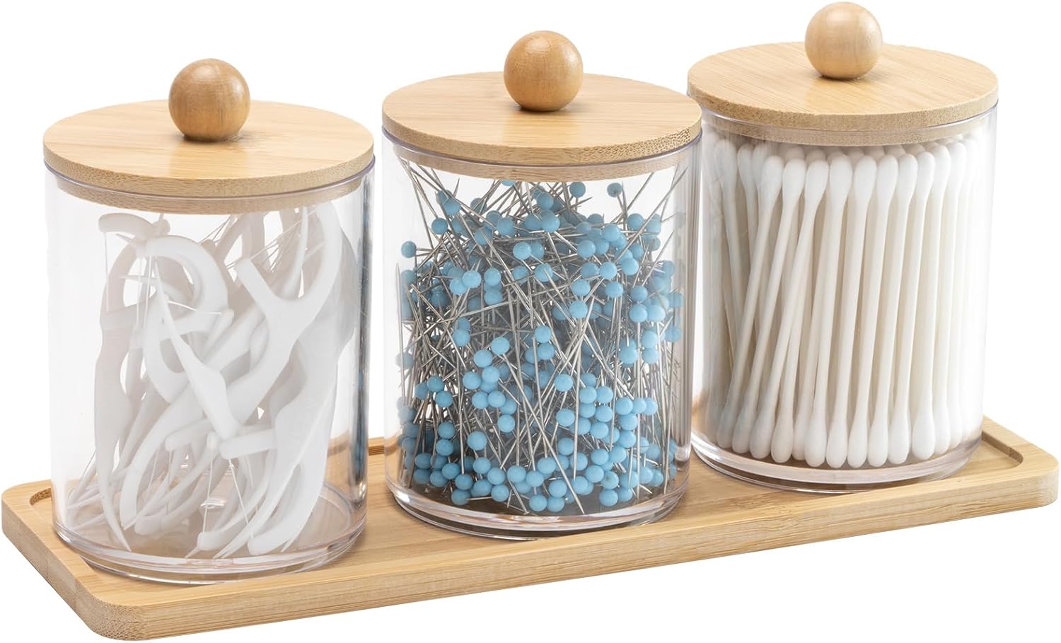 CINDALOG 10 oz Bamboo Q-Tip Holders 3 Pack with Lids and Tray