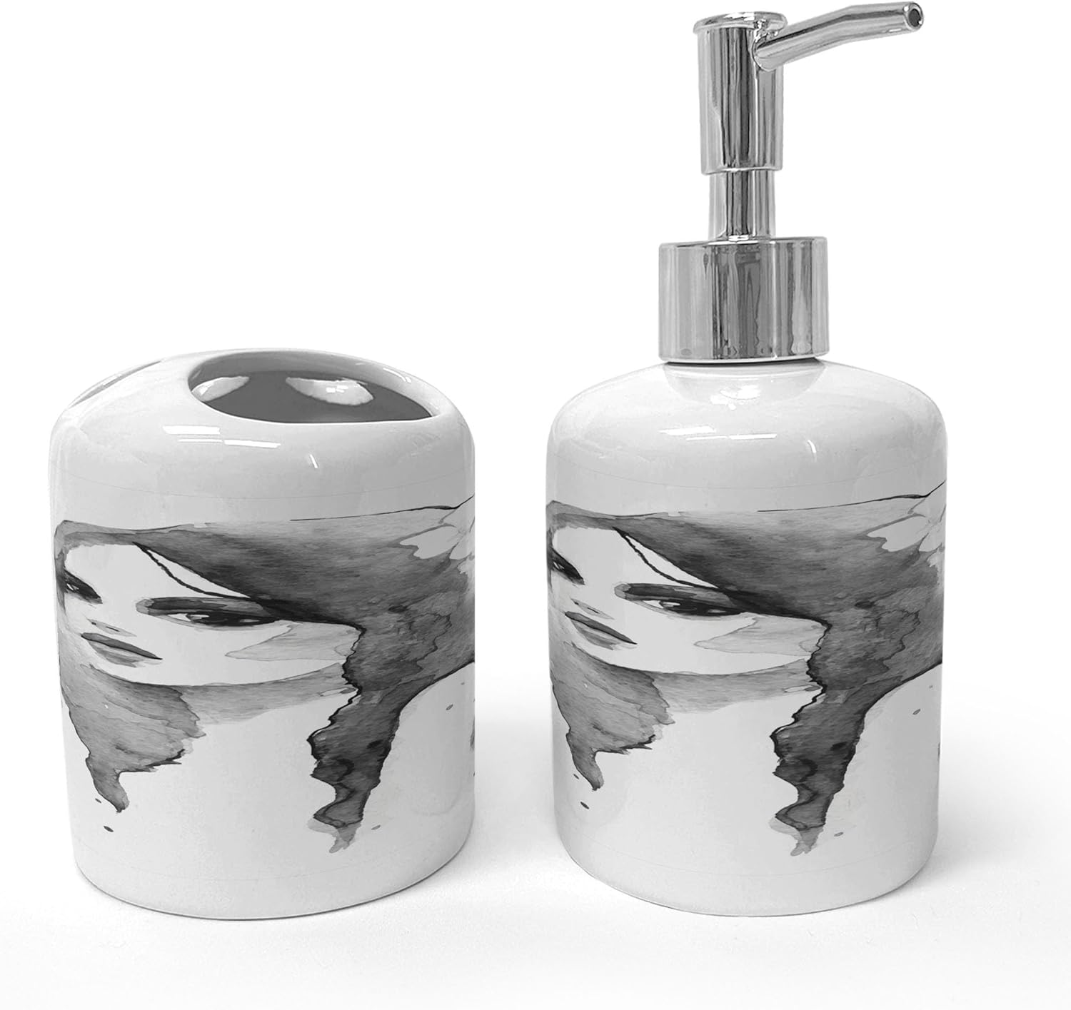 Ambesonne Bathroom Soap Dispenser and Toothbrush Holder Set 2 Pcs White Black