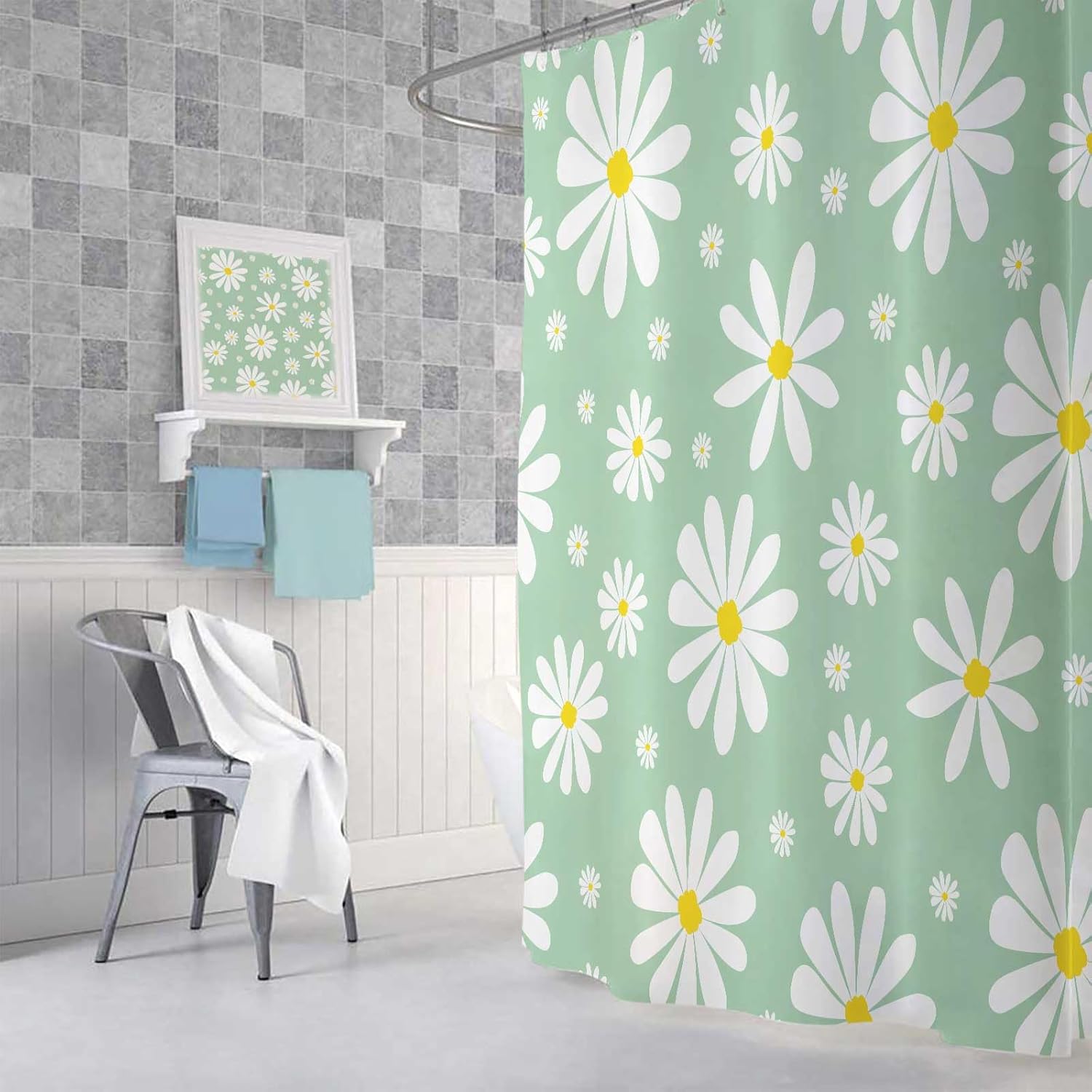 Green Daisy Floral Shower Curtain Set