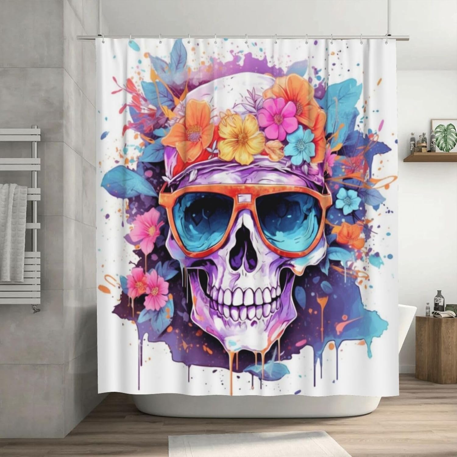 Boho Blue Flower Shower Curtain Set with 12 Hooks 72x72in 1