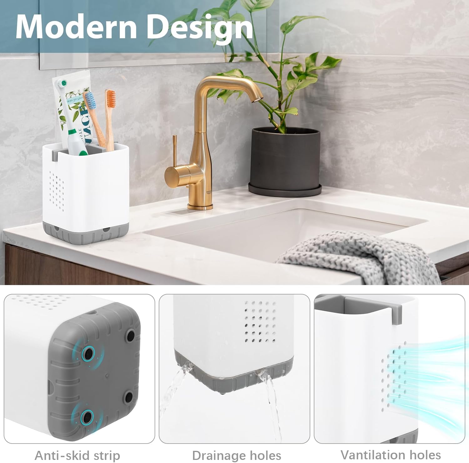 Boperzi Toothbrush Holder with Drain and 3 Slots