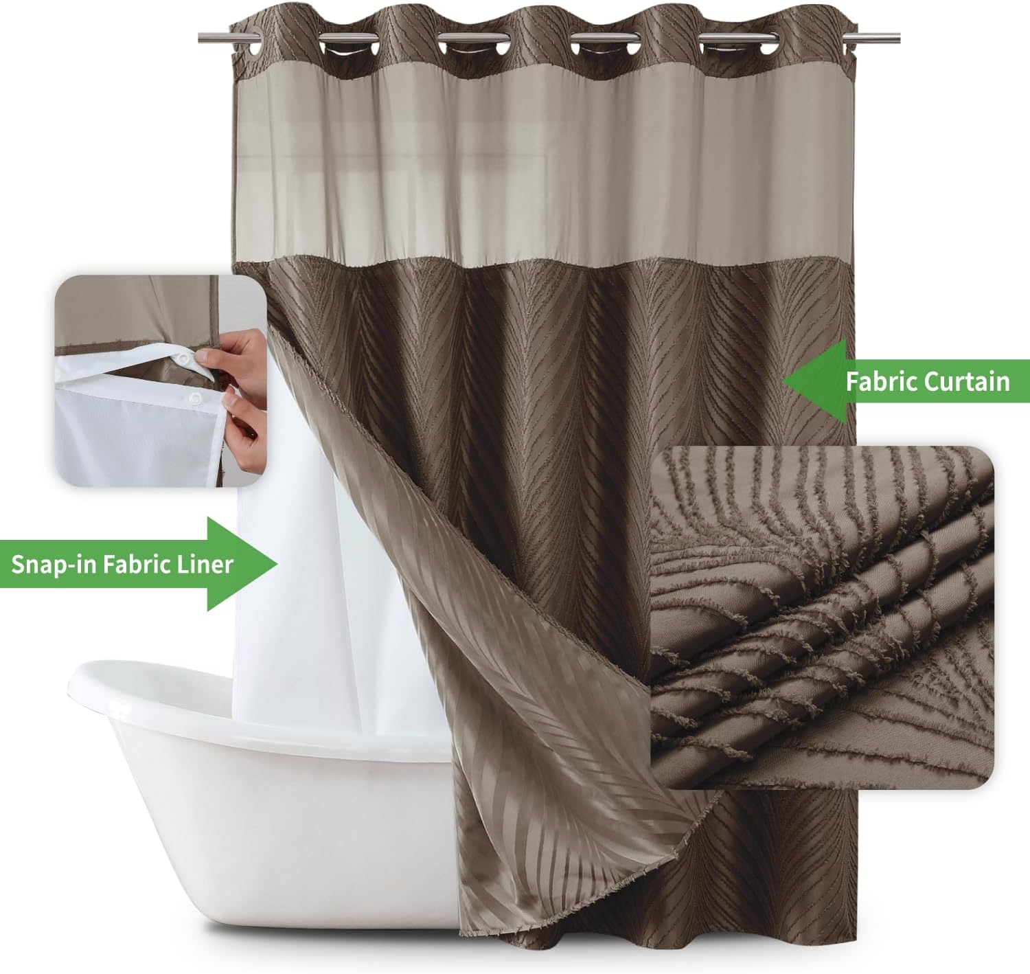 No Hook Shower Curtain Set with Boho Tufted Stripes and See Through Top