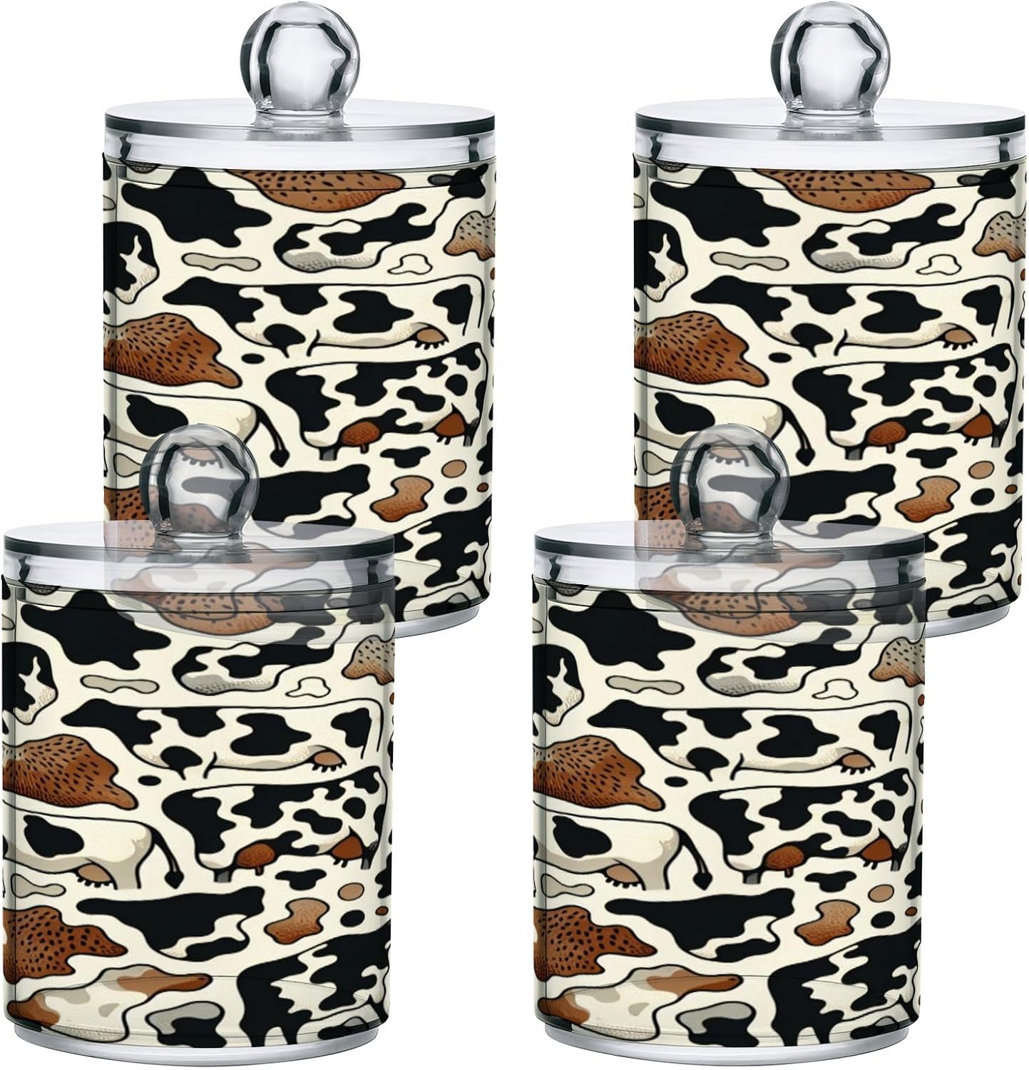 Qilmy Cow Pattern Q-Tip Holder 2 Pack Clear Plastic Apothecary Jars