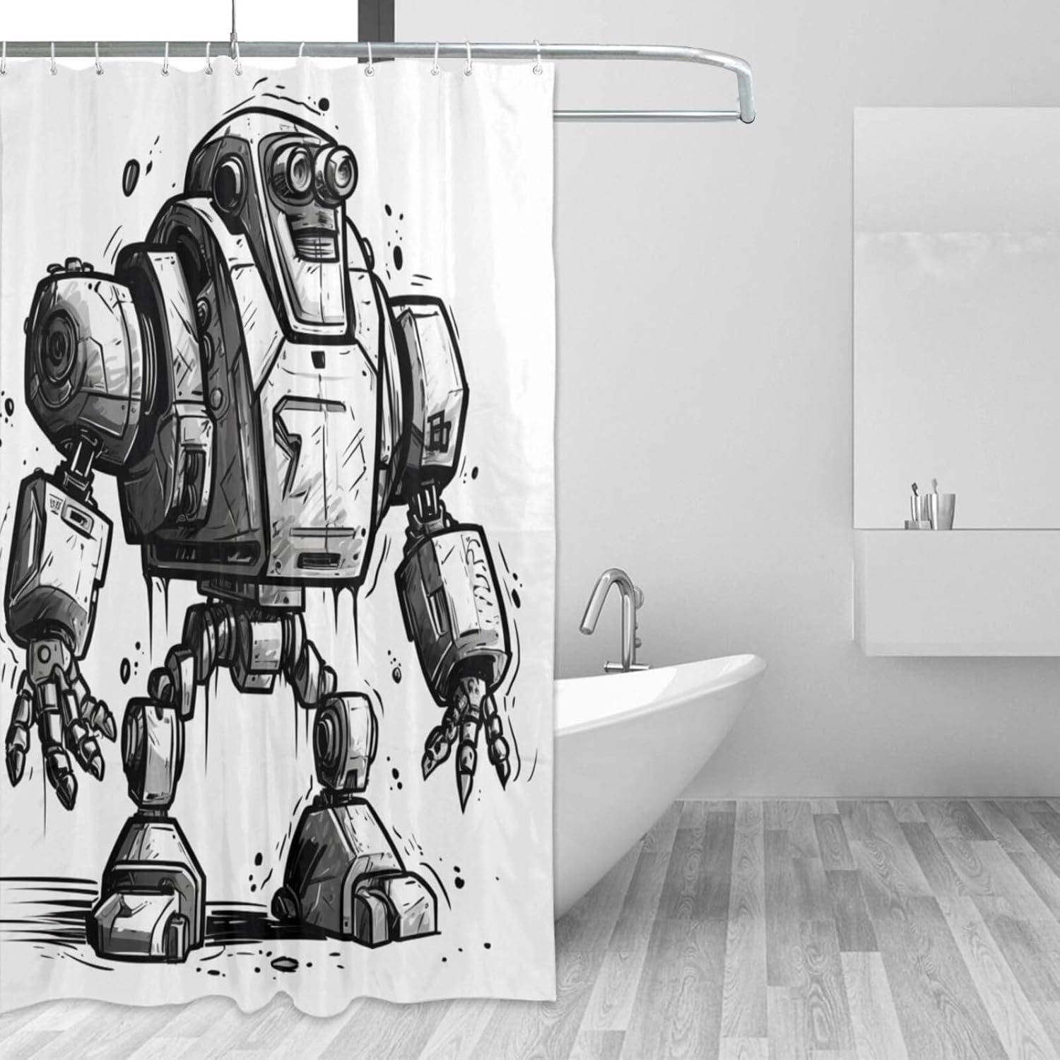 TIYAANDSY Cartoon Robot Shower Curtain Set