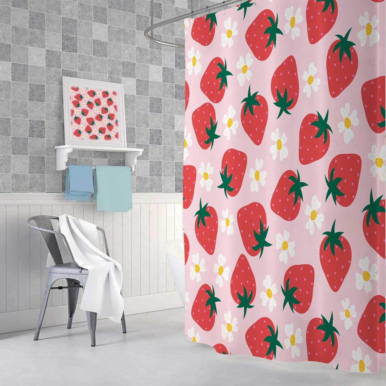 Cute Strawberry Shower Curtain Kids Girls Bathroom Decor