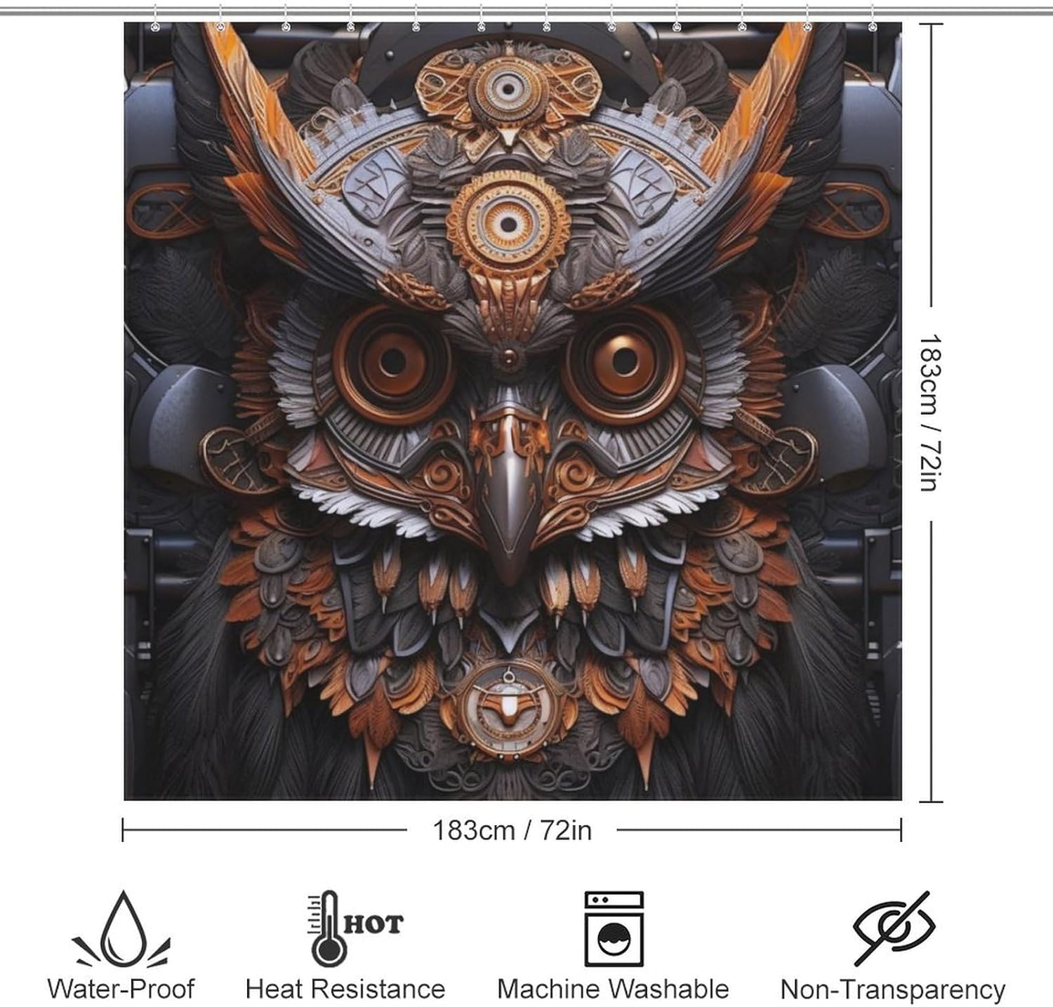 Mecha Owl Waterproof Shower Curtain Set with 12 Hooks 72x72in