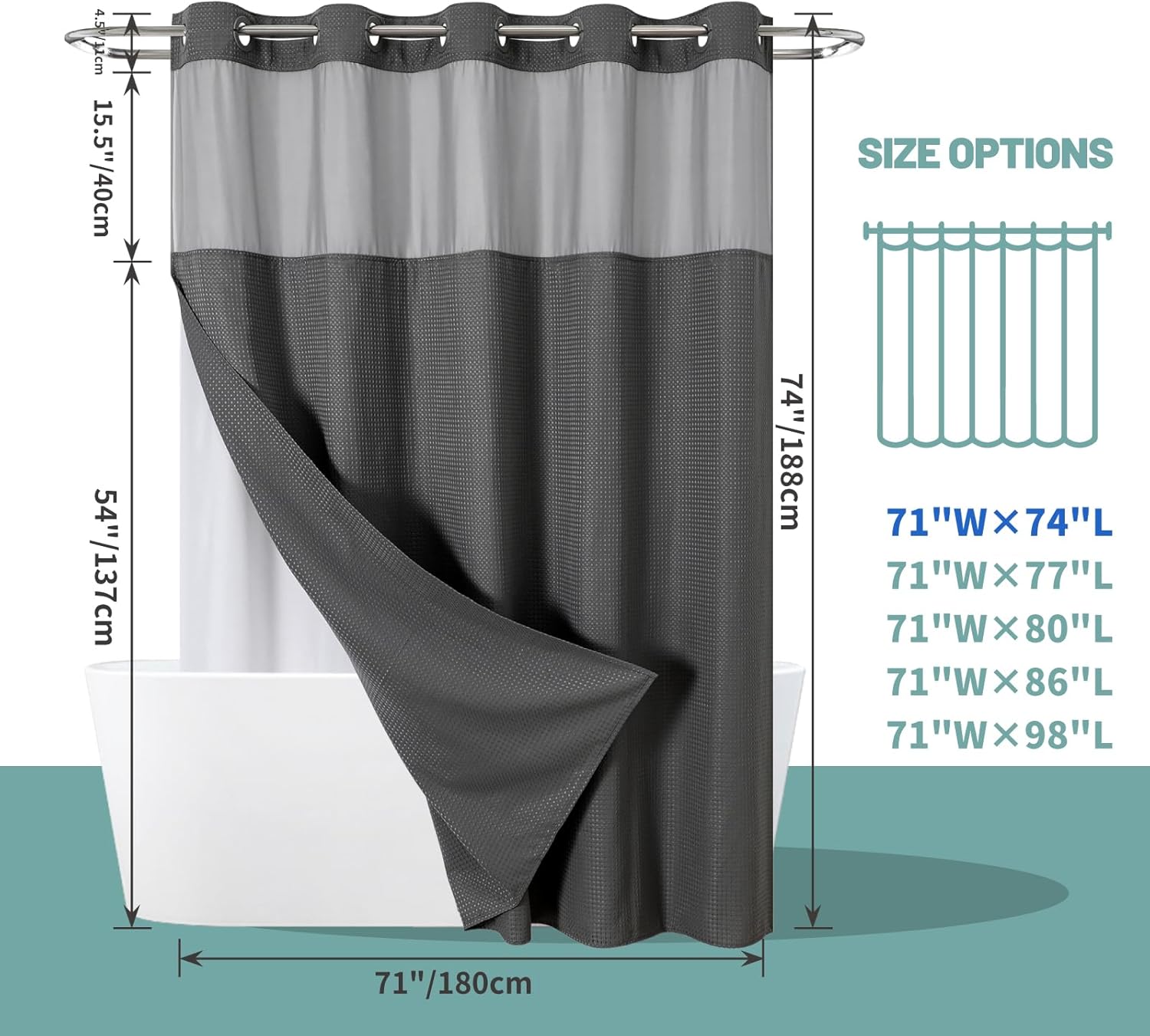 Charcoal Grey Waffle Weave Shower Curtain with Snap Liner Replacement
