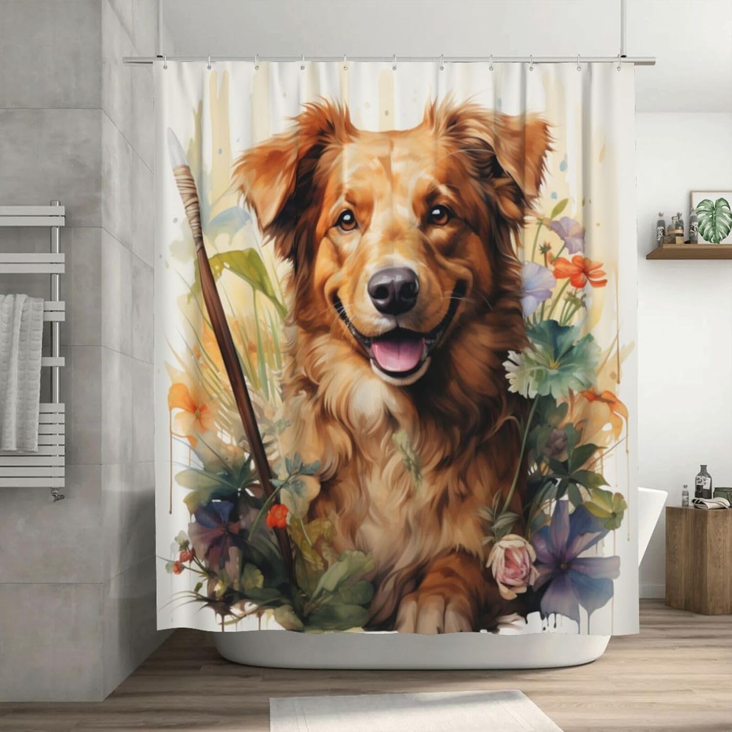 Brown Dog Pattern Waterproof Shower Curtain Set with 12 Hooks 72x72in