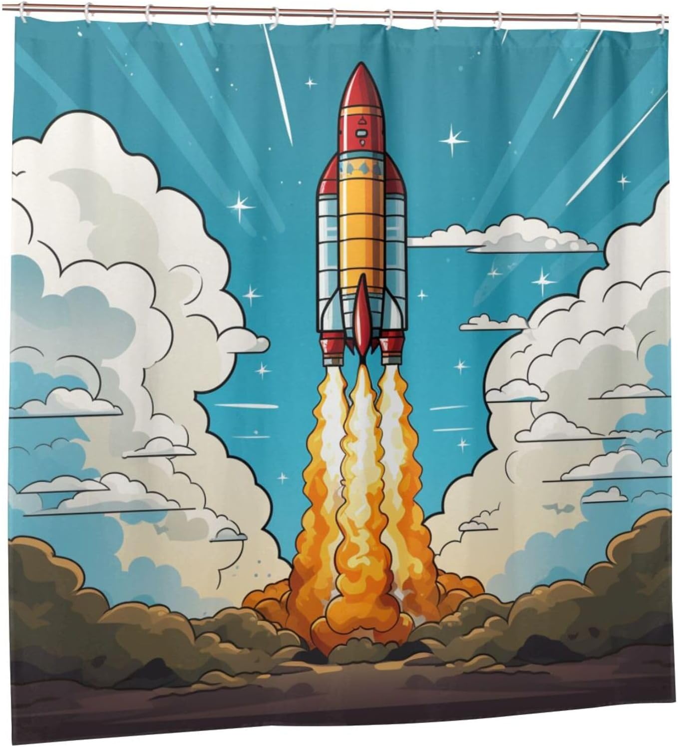 Cartoon Rocket Shower Curtain Set with 12 Hooks 72x72in 1