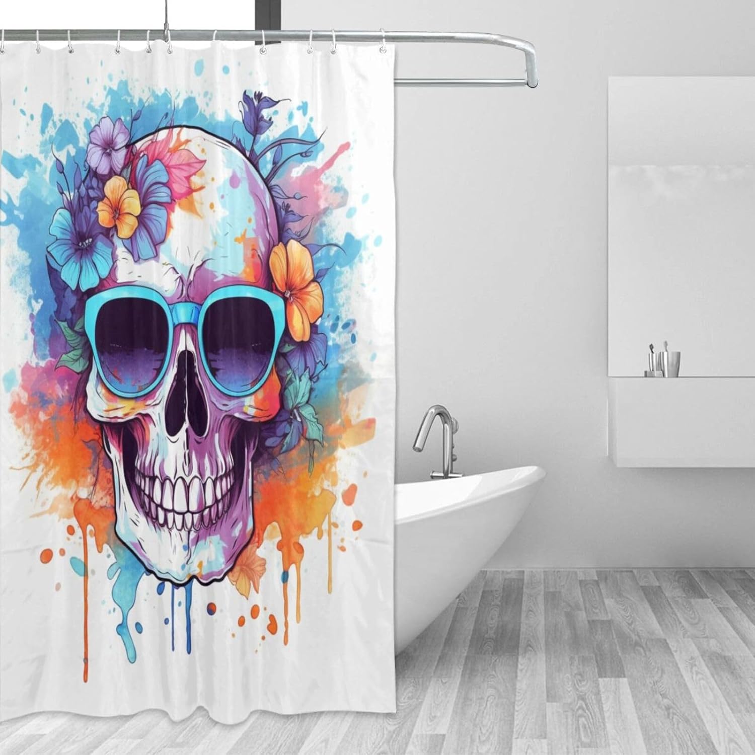 Boho Blue Flower Shower Curtain Set with 12 Hooks 1
