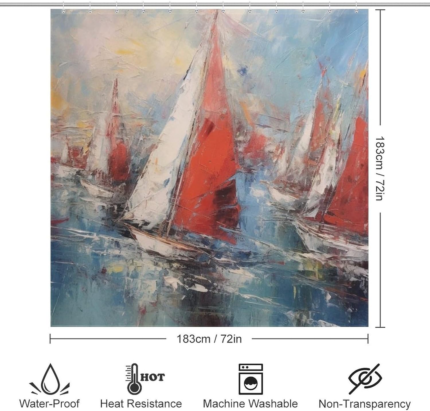Red White Sailboat Shower Curtain with 12 Hooks