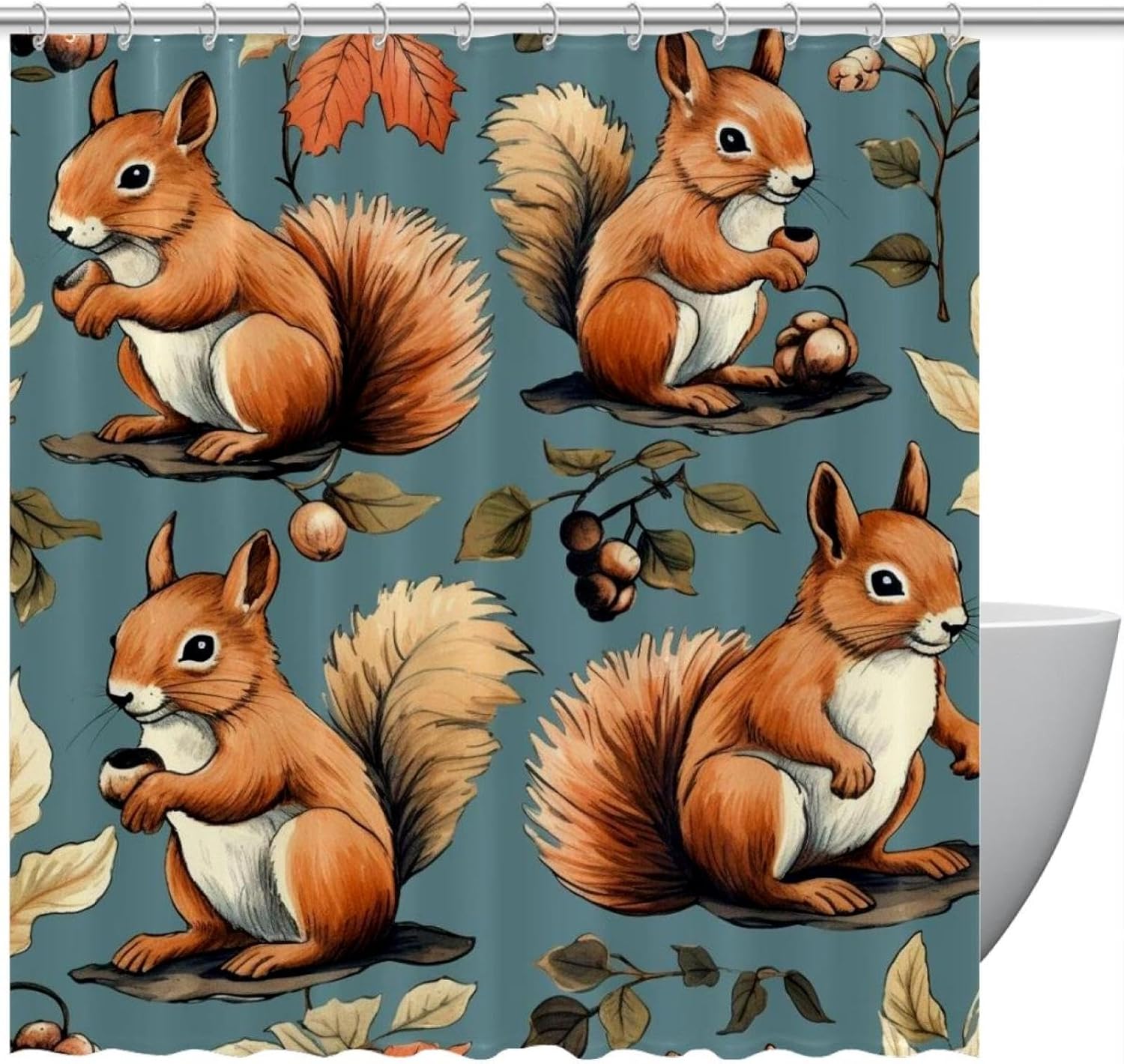 Cute Squirrel Shower Curtain Set with 12 Hooks
