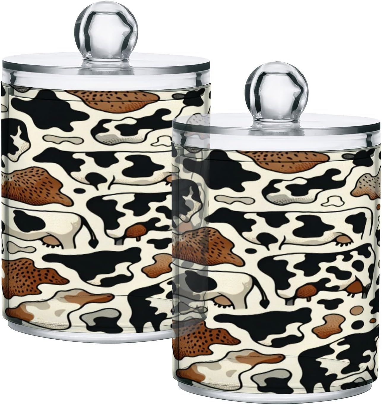Qilmy Cow Pattern Q-Tip Holder 2 Pack Clear Plastic Apothecary Jars