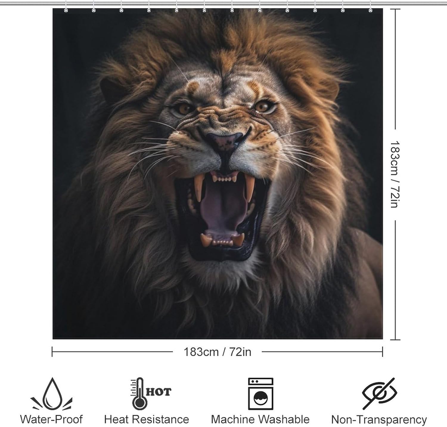 Lion Pattern Shower Curtain Set 72x72in with 12 Hooks