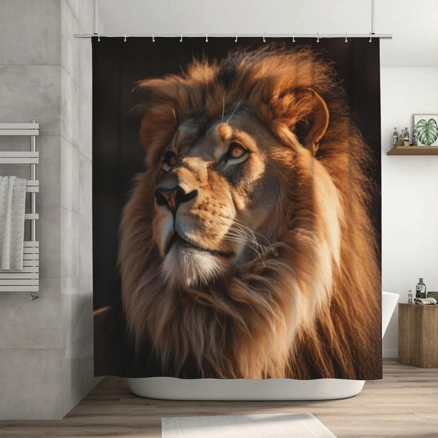 Brown Lion Waterproof Shower Curtain Set with 12 Hooks 72x72in