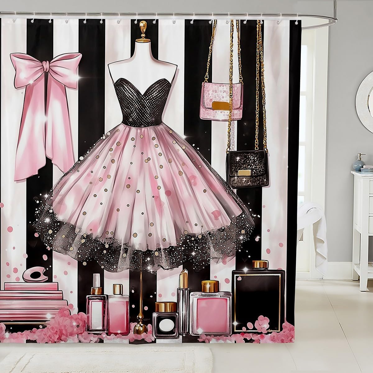 Pink Girly Dress Shower Curtain with Gold Polka Dots and Perfume Print