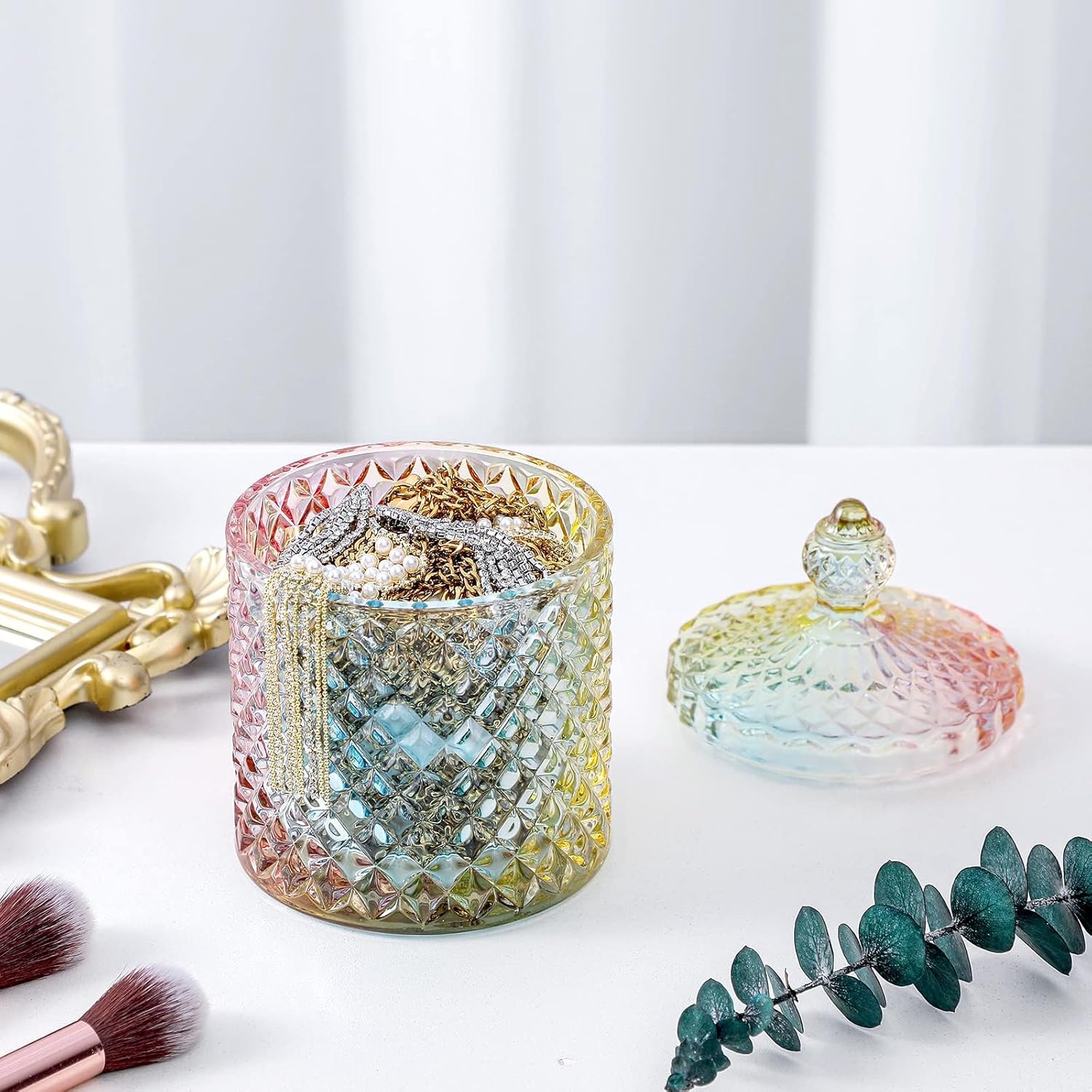 Rejomiik Q-Tip Holder Glass Jar with Lid 2 Pack Rainbow