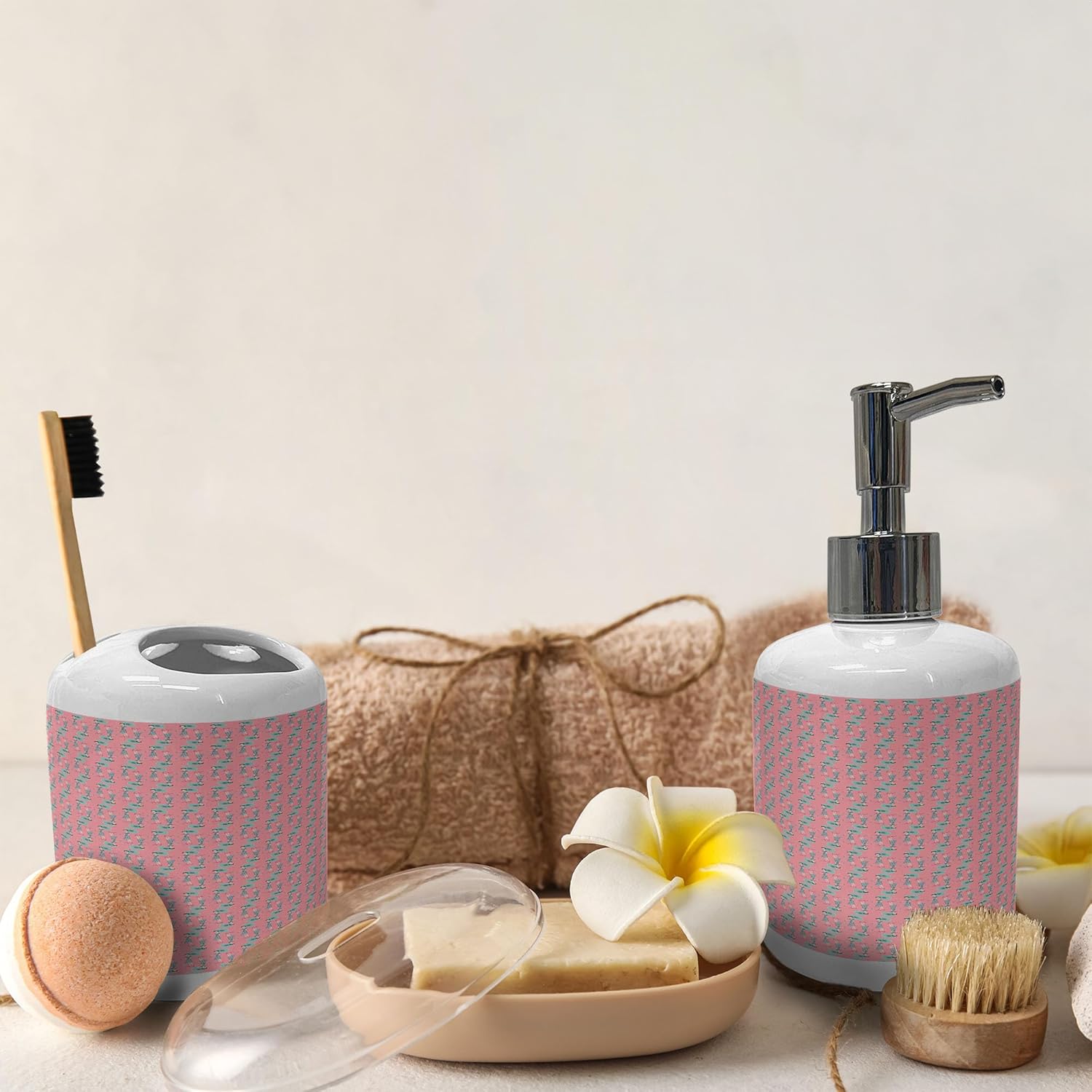Ambesonne Modern Soap Dispenser Toothbrush Holder Set Pale Pink Turquoise
