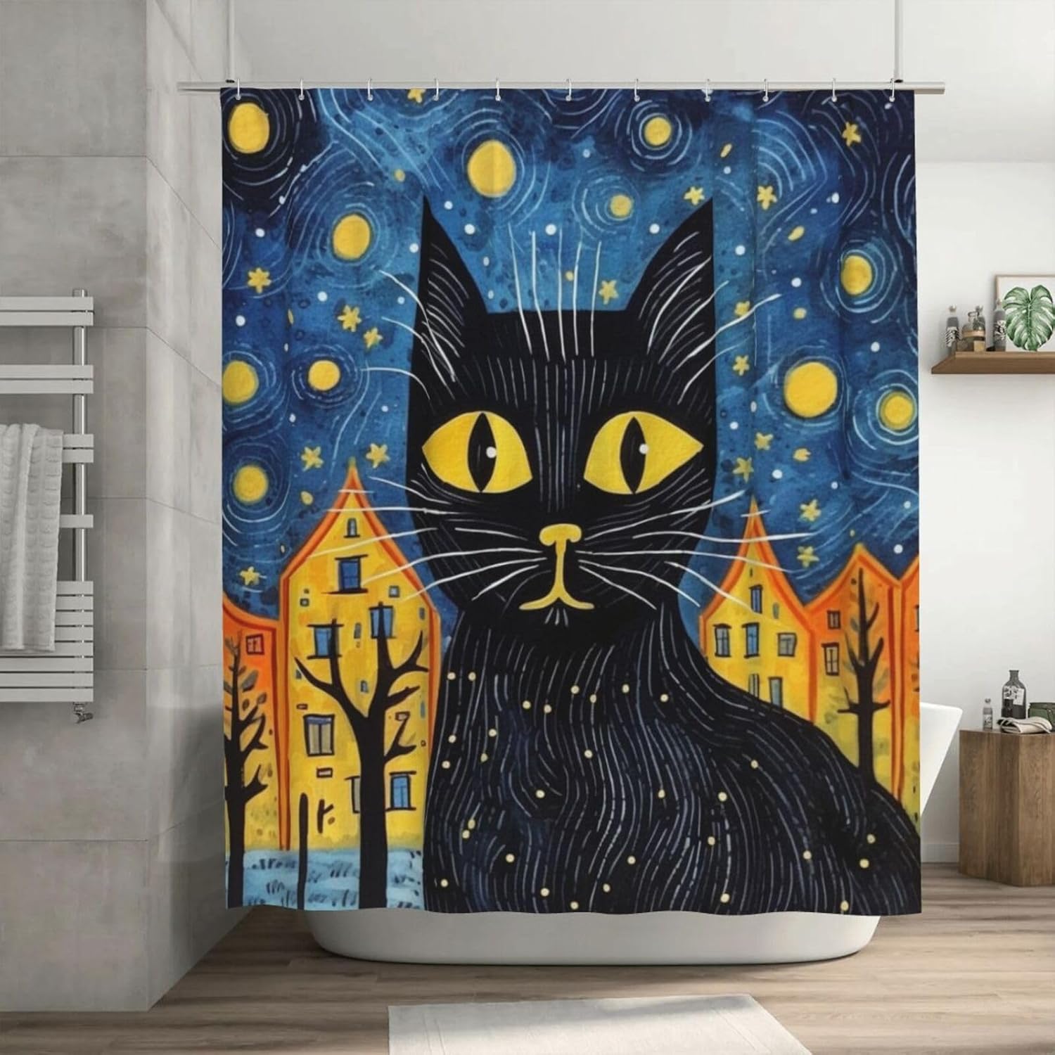 Black Cat Shower Curtain Set with 12 Hooks 72x72in 1