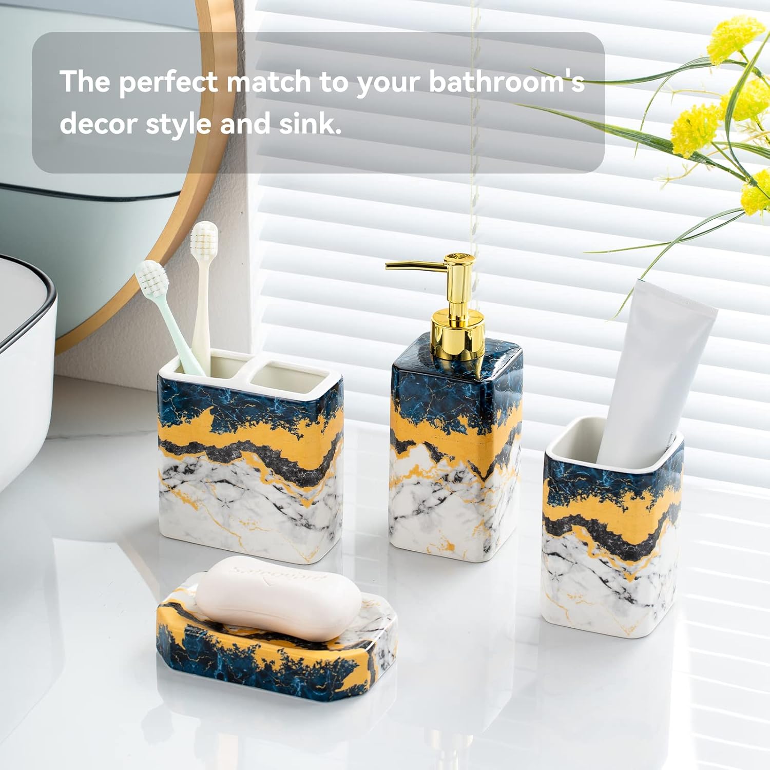 4 Piece Blue Marble Bathroom Accessories Set