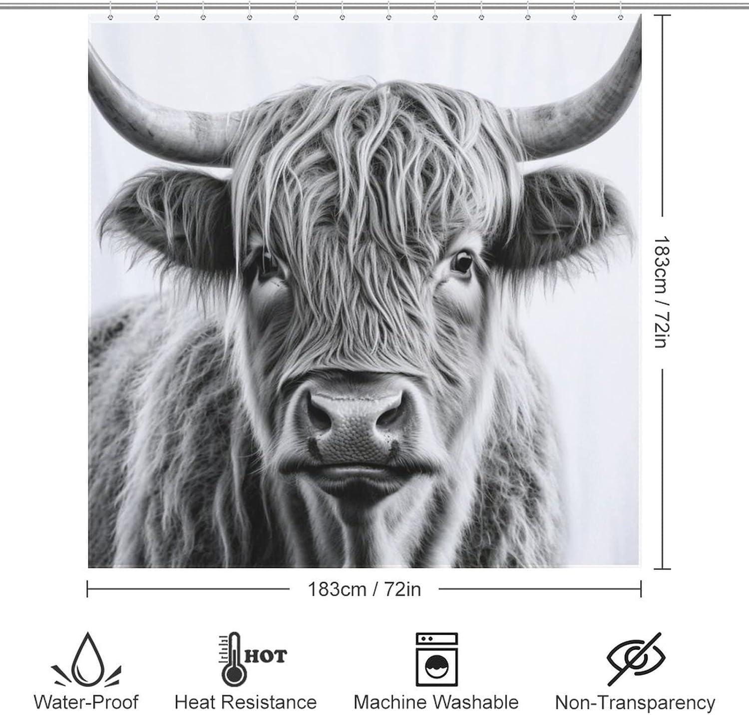 Highland Cow Pattern Waterproof Shower Curtain Set with 12 Hooks 72x72in