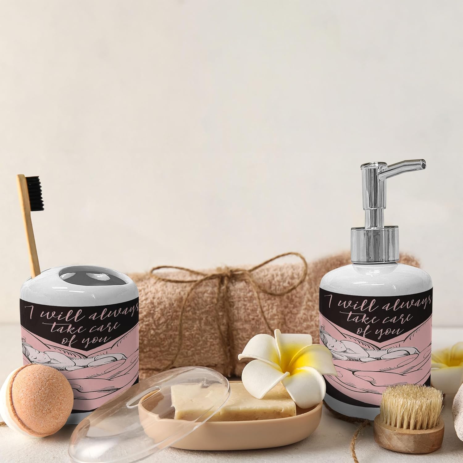 Ambesonne Love Theme Soap Dispenser Toothbrush Holder Set Pale Pink Dark Brown