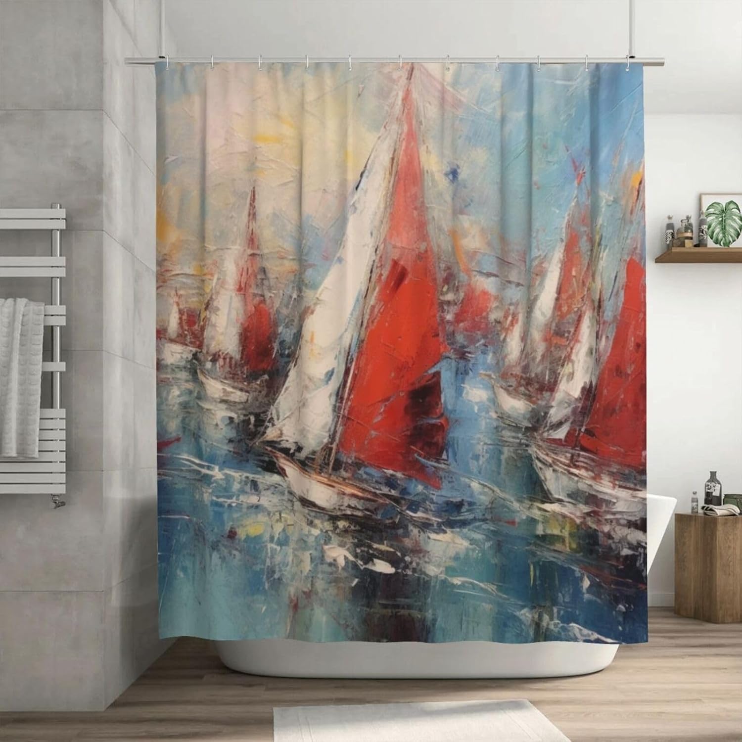 Red White Sailboat Shower Curtain with 12 Hooks