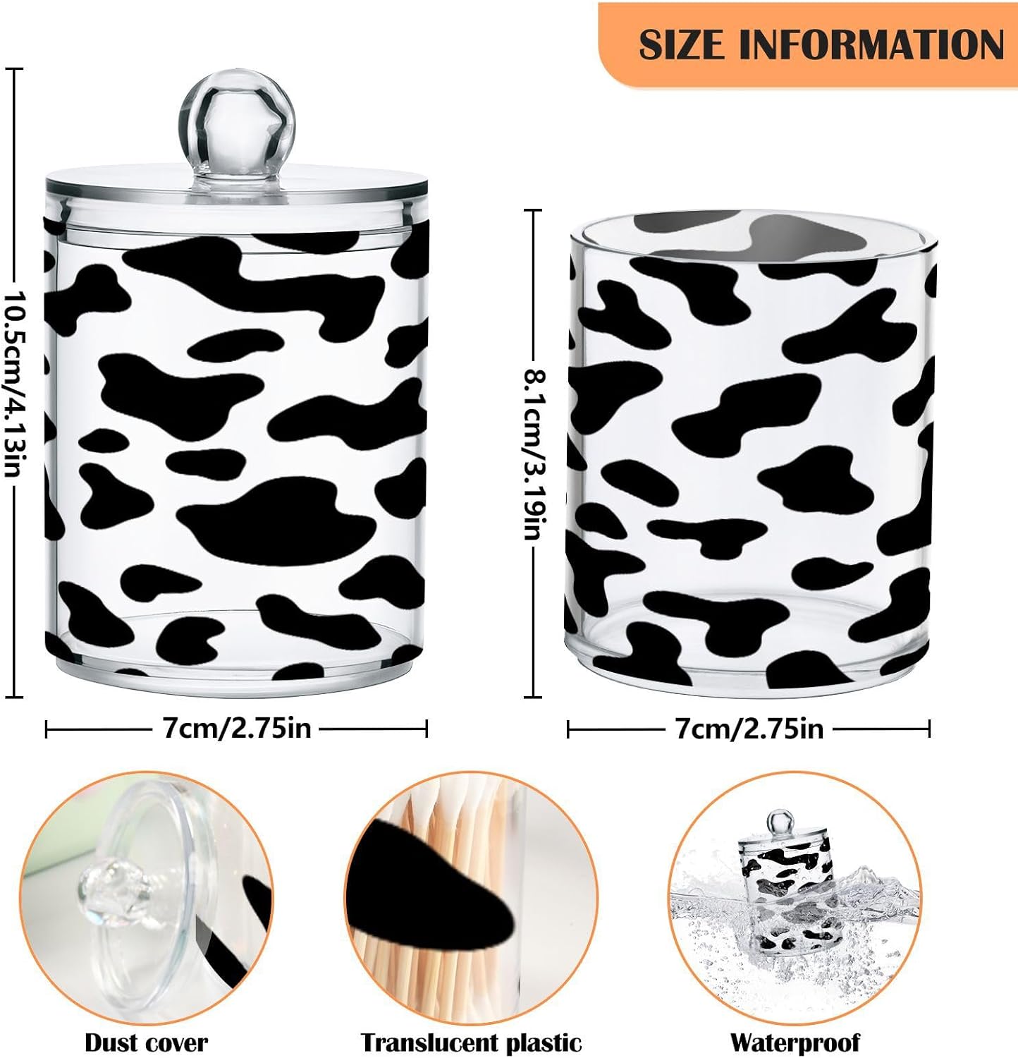 Qilmy Black Cow Spots Qtip Holder 2 Pack Canister