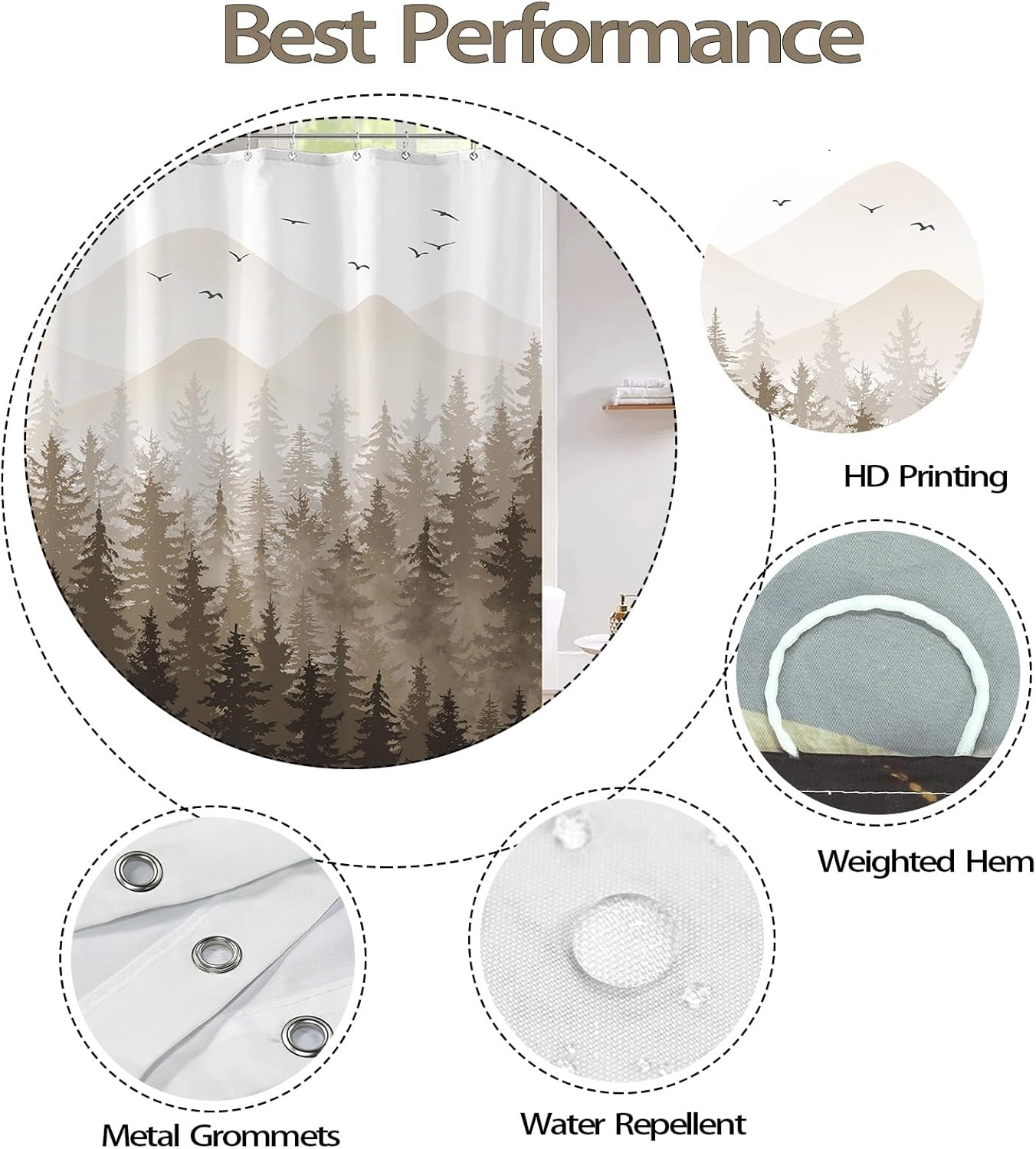 Aipon Brown Misty Forest Shower Curtain Set