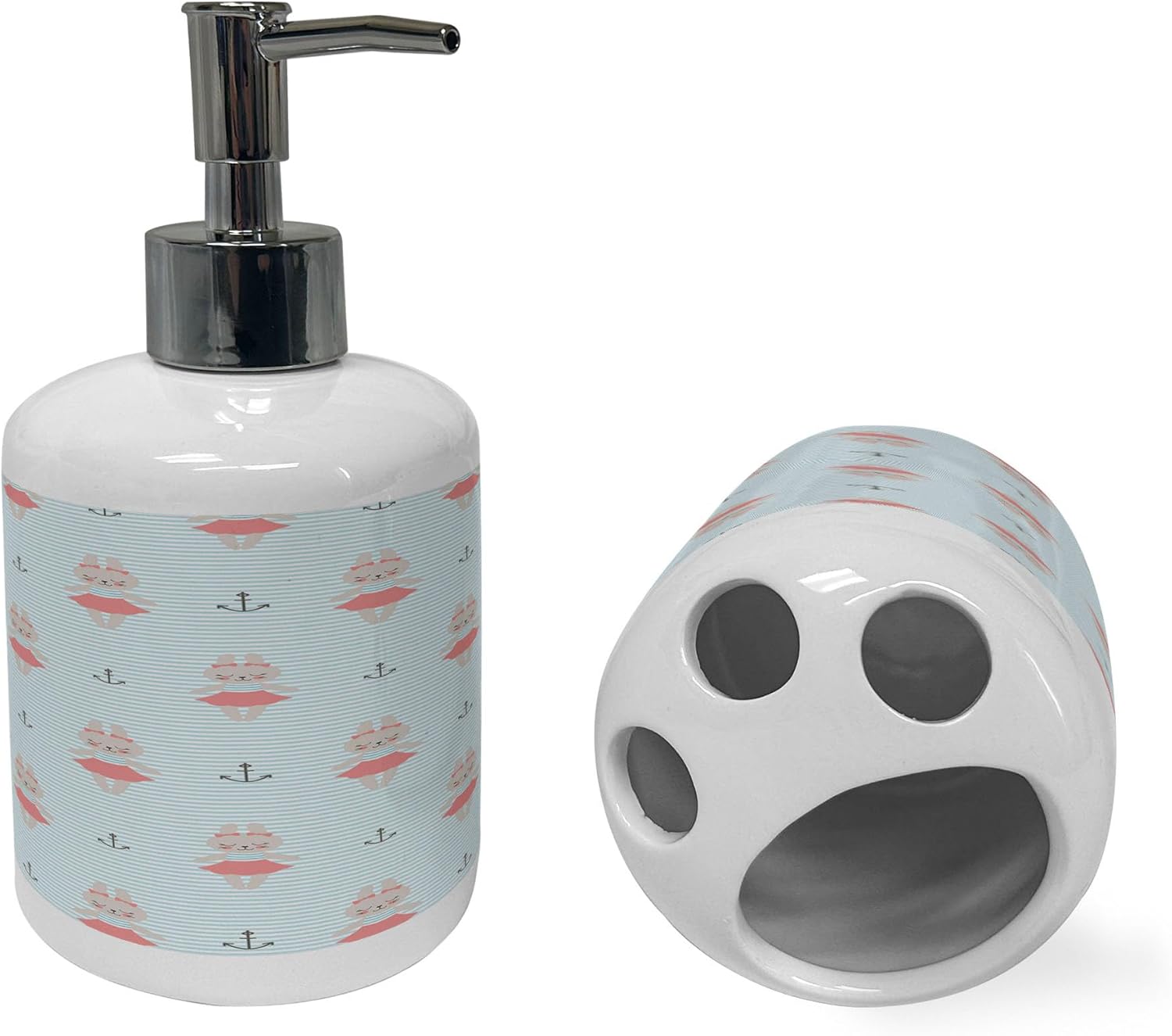 Ambesonne Ceramic Soap Toothbrush Holder Set Pale Tan Bunnies Nautical Pattern 2 Pcs