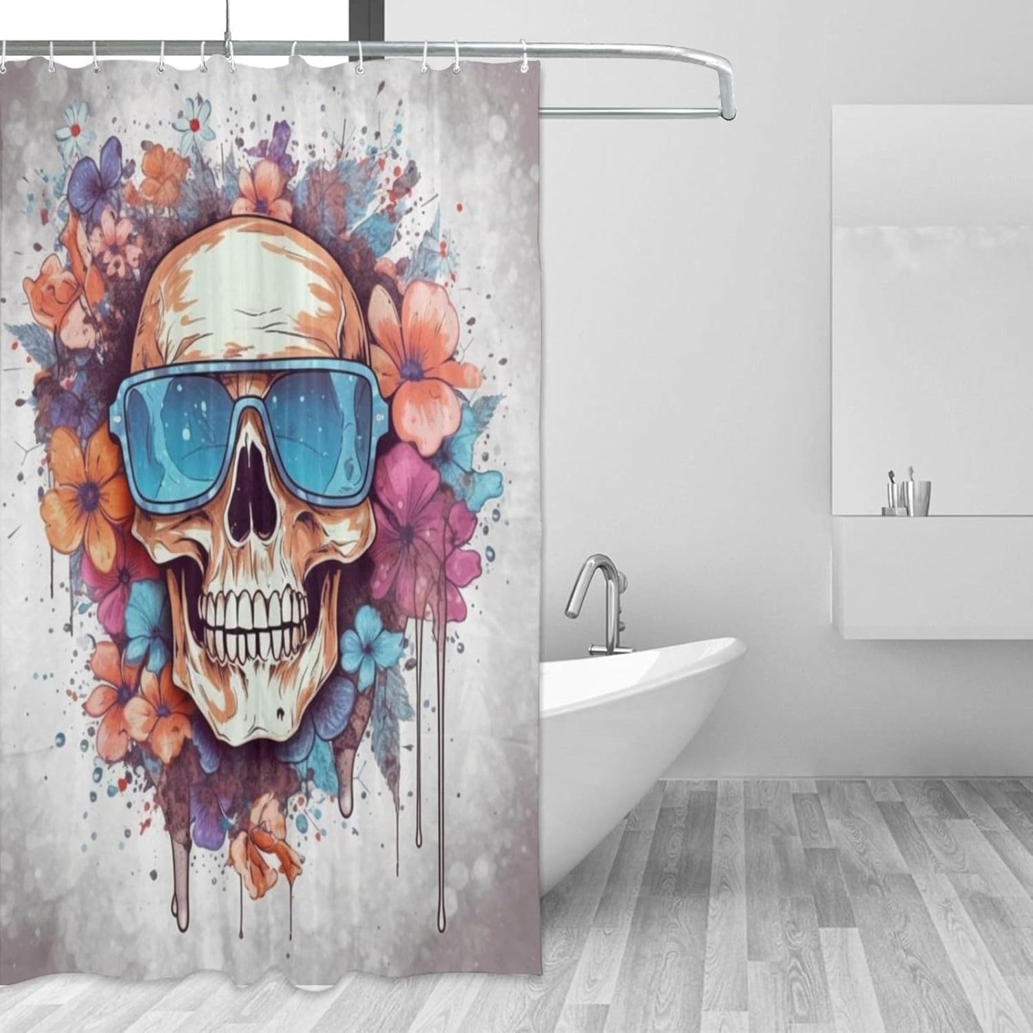 Boho Blue Flower Shower Curtain Set with 12 Hooks 72x72in