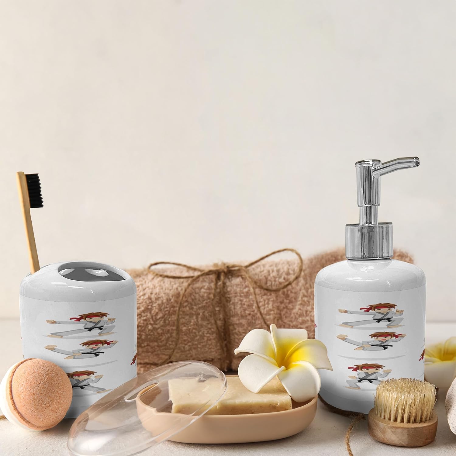 Ambesonne Karate Boy Soap Toothbrush Holder Set 2 Pcs Ceramic Beige Vermilion