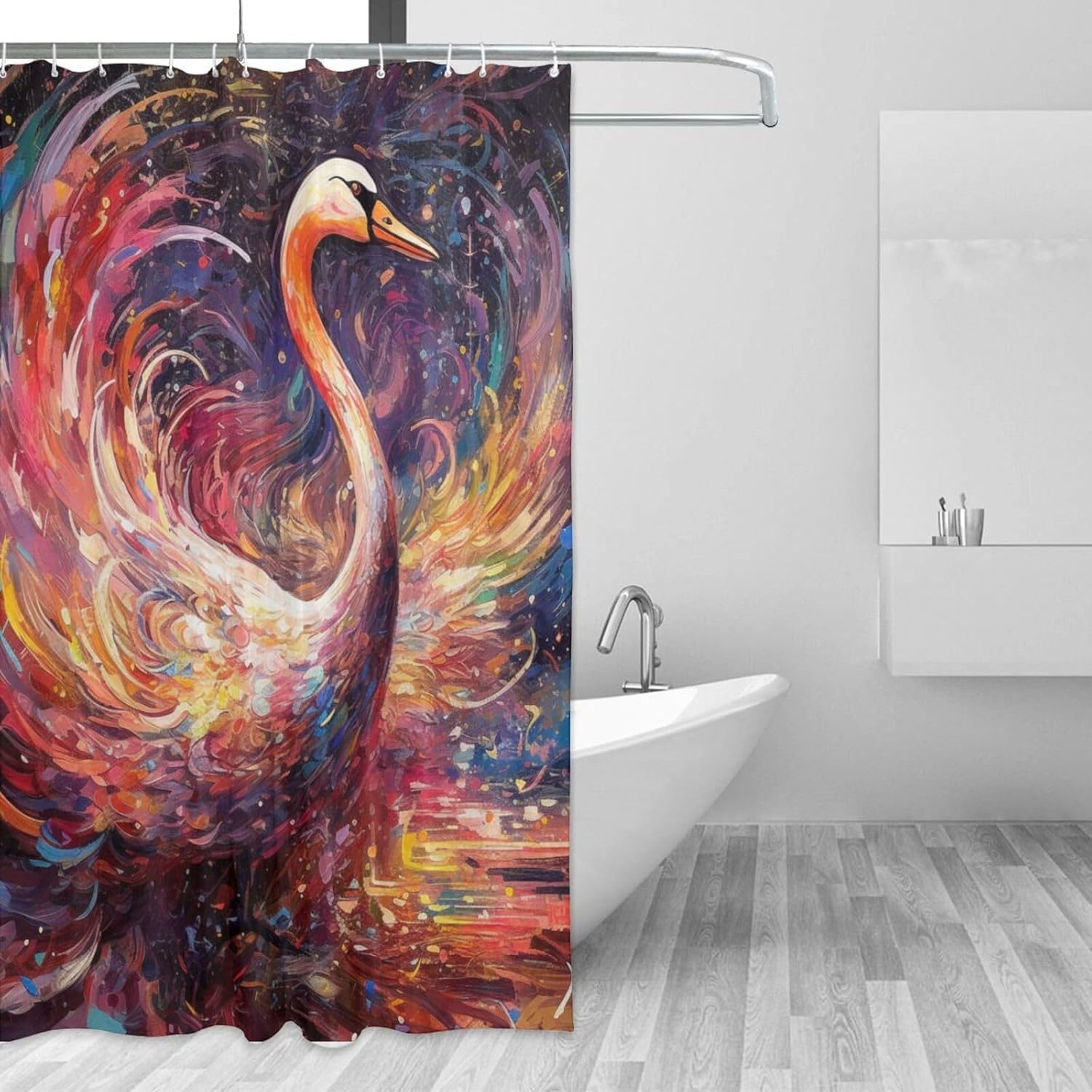 Red Swan Abstract Waterproof Shower Curtain Set with 12 Hooks